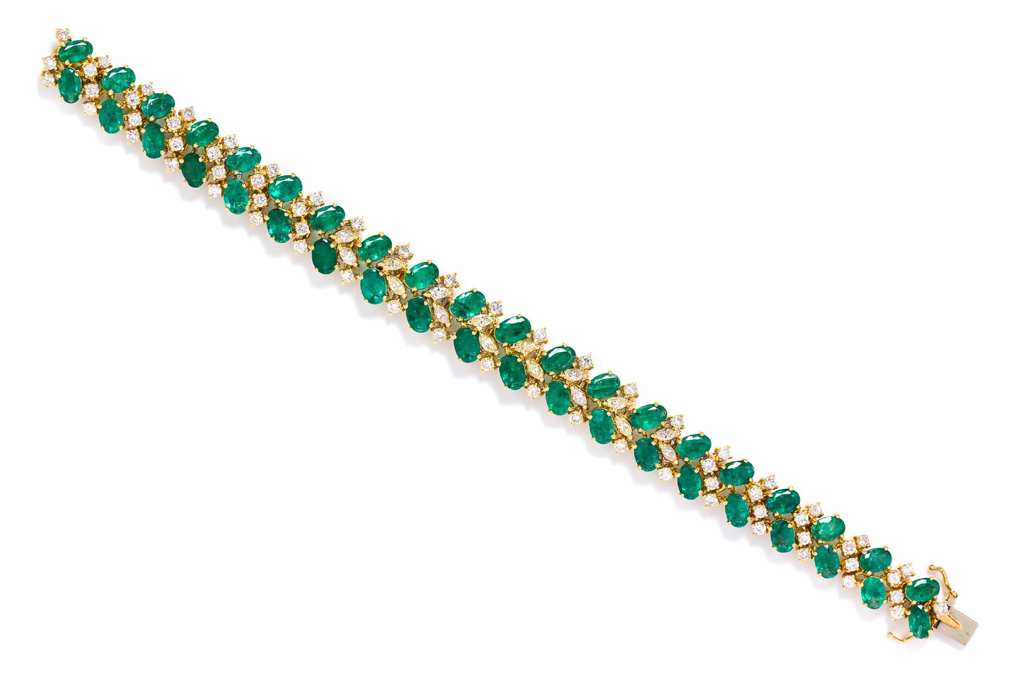 An 18 Karat Yellow Gold, Emerald, and Diamond Bracelet, 19.90 dwts.