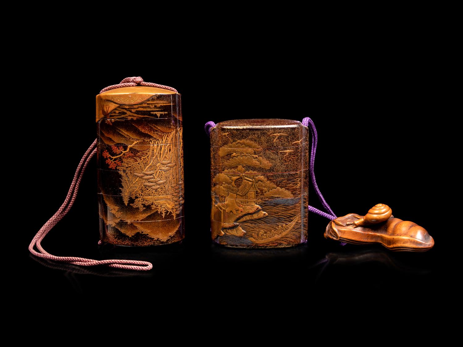 Two Gold and Black Lacquer Four-Case Inro