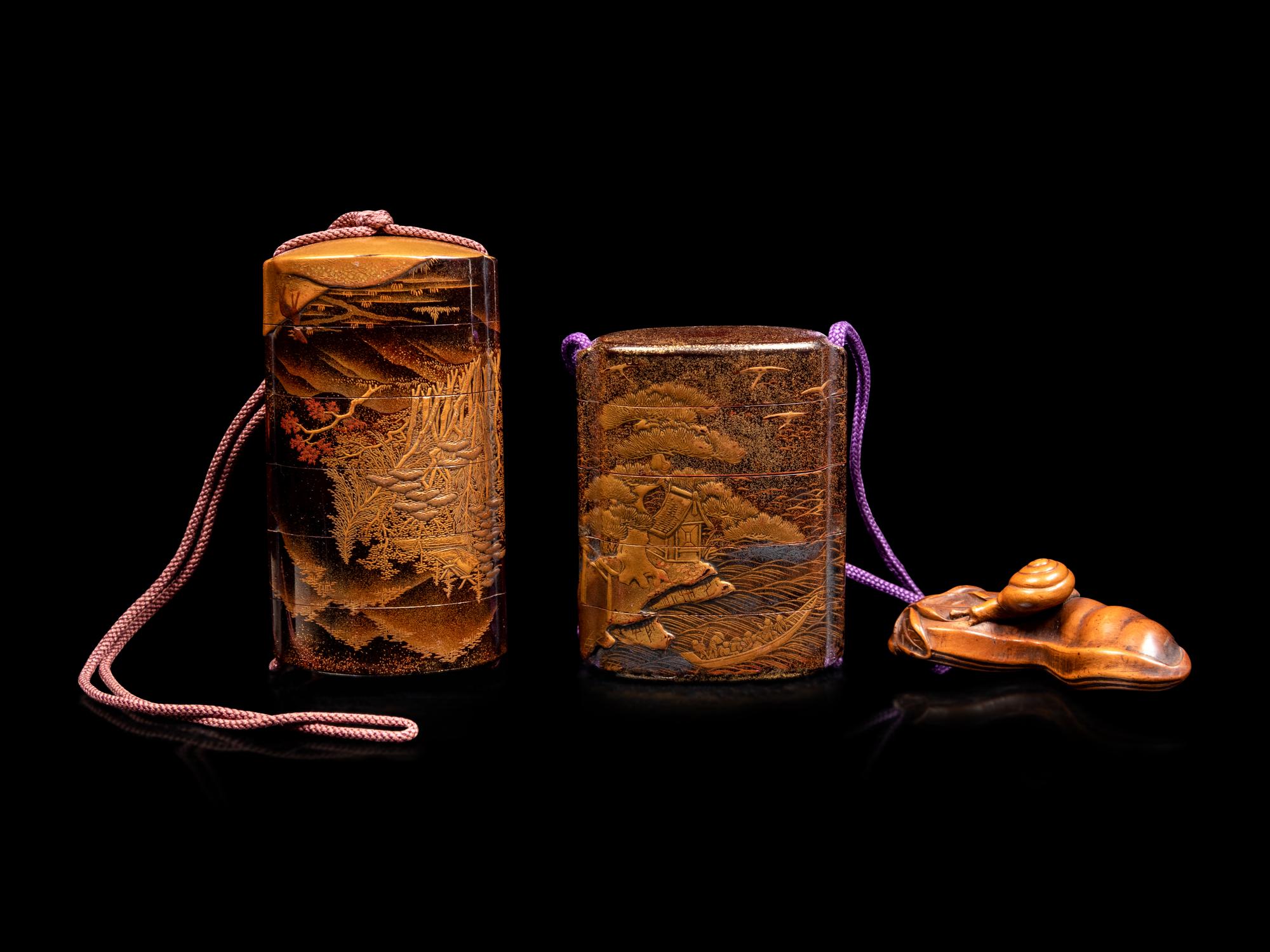 Two Gold and Black Lacquer Four-Case Inro