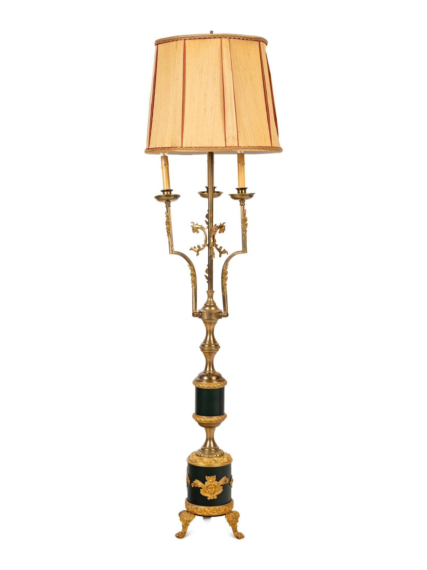 An Empire Style Gilt and Patinated Metal Three-Light Floor Lamp