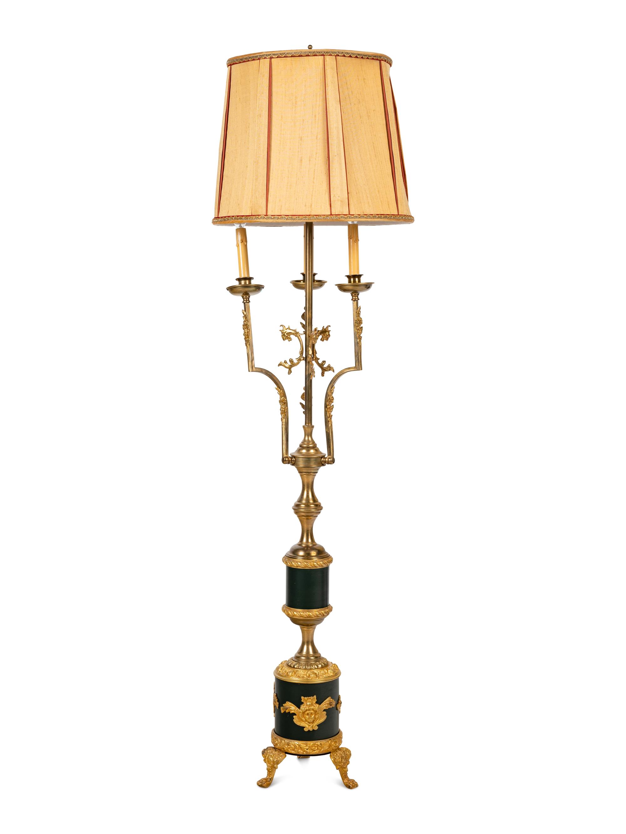 An Empire Style Gilt and Patinated Metal Three-Light Floor Lamp