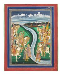 A Painting of Flanking Equestrian Figures on Either Side of a Meandering River, Rajasthan, Bazaar Workshop, Late 19th/20th Century