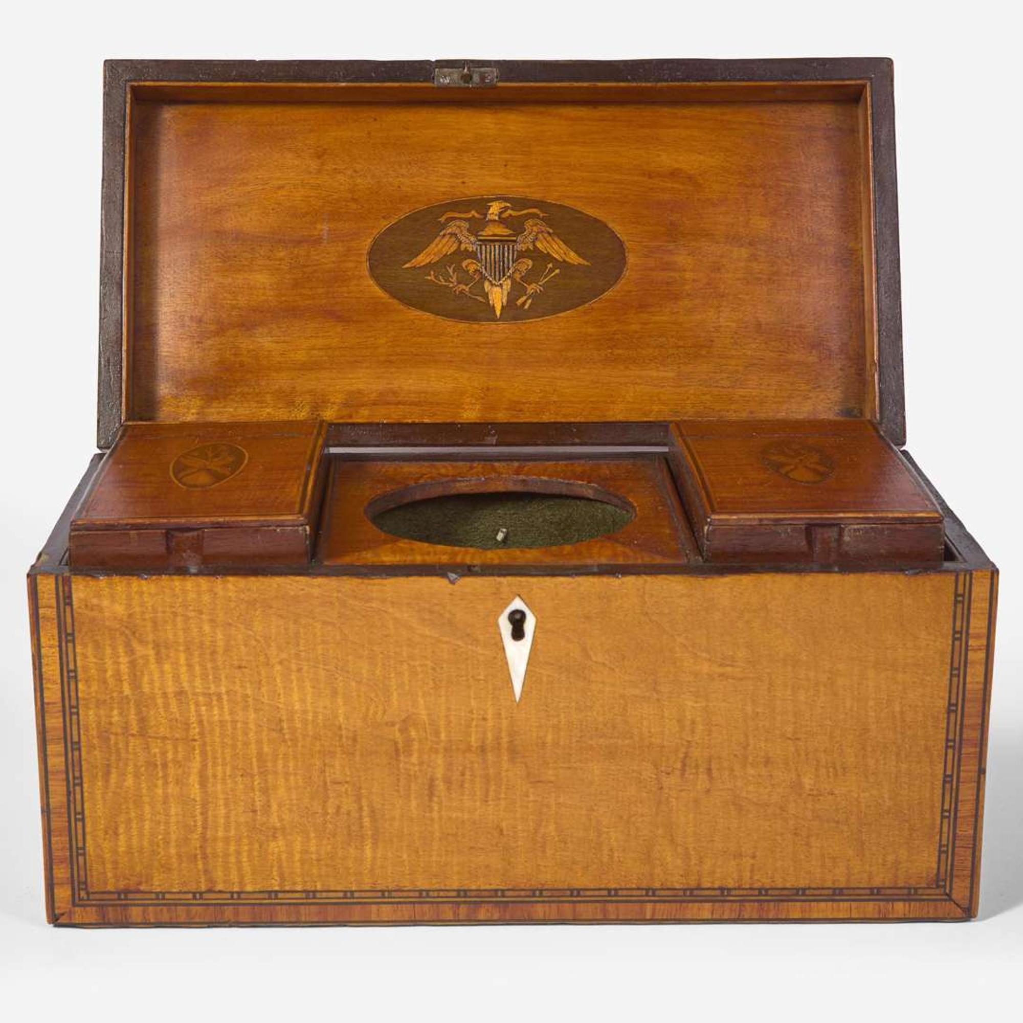 A Federal inlaid tiger maple or satinwood tea caddy circa 1800