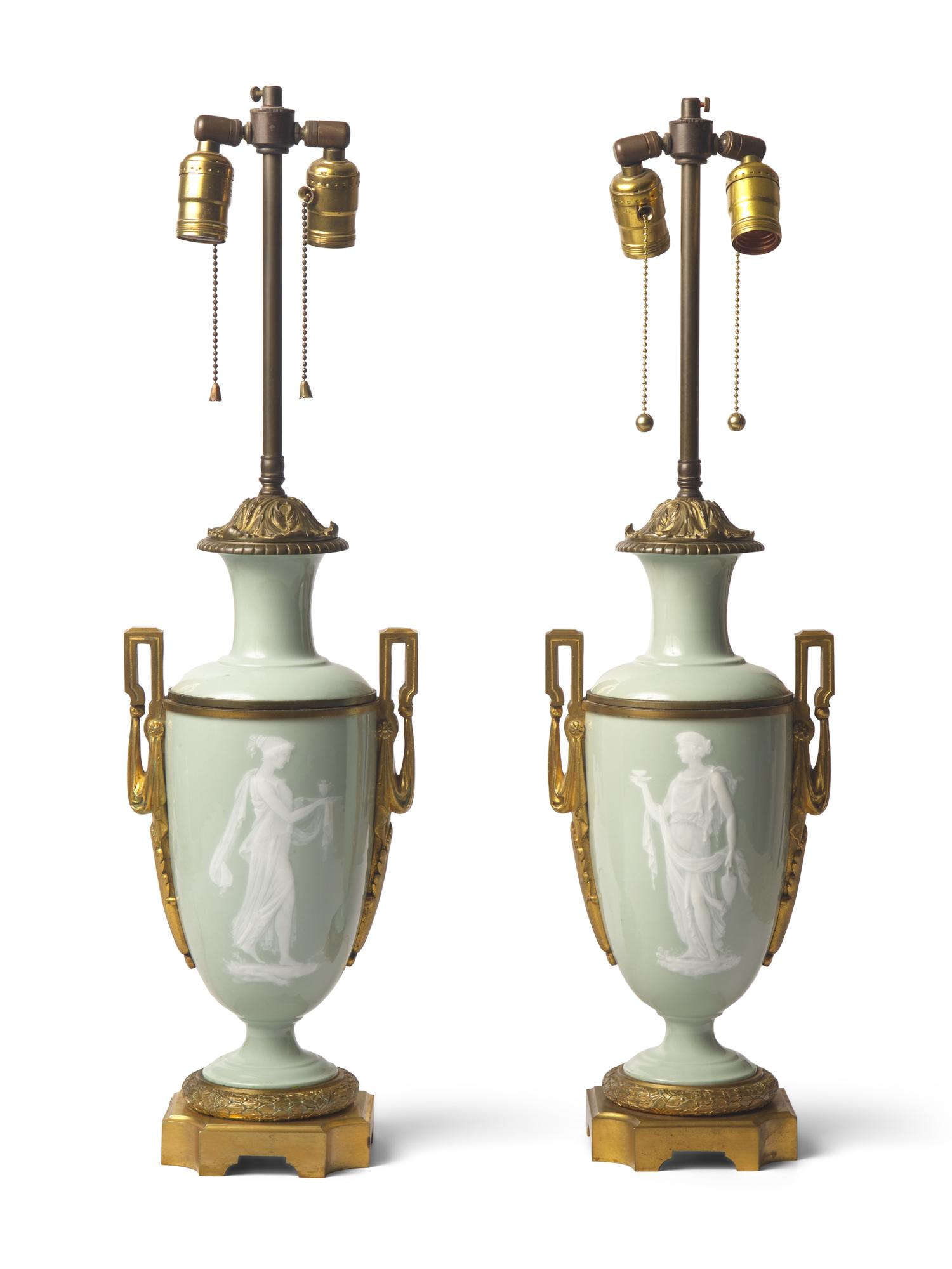 A Pair of Celadon and Gilt-Bronze Mounted Pate-Sur-Pate Vases, Now Mounted as Lamps