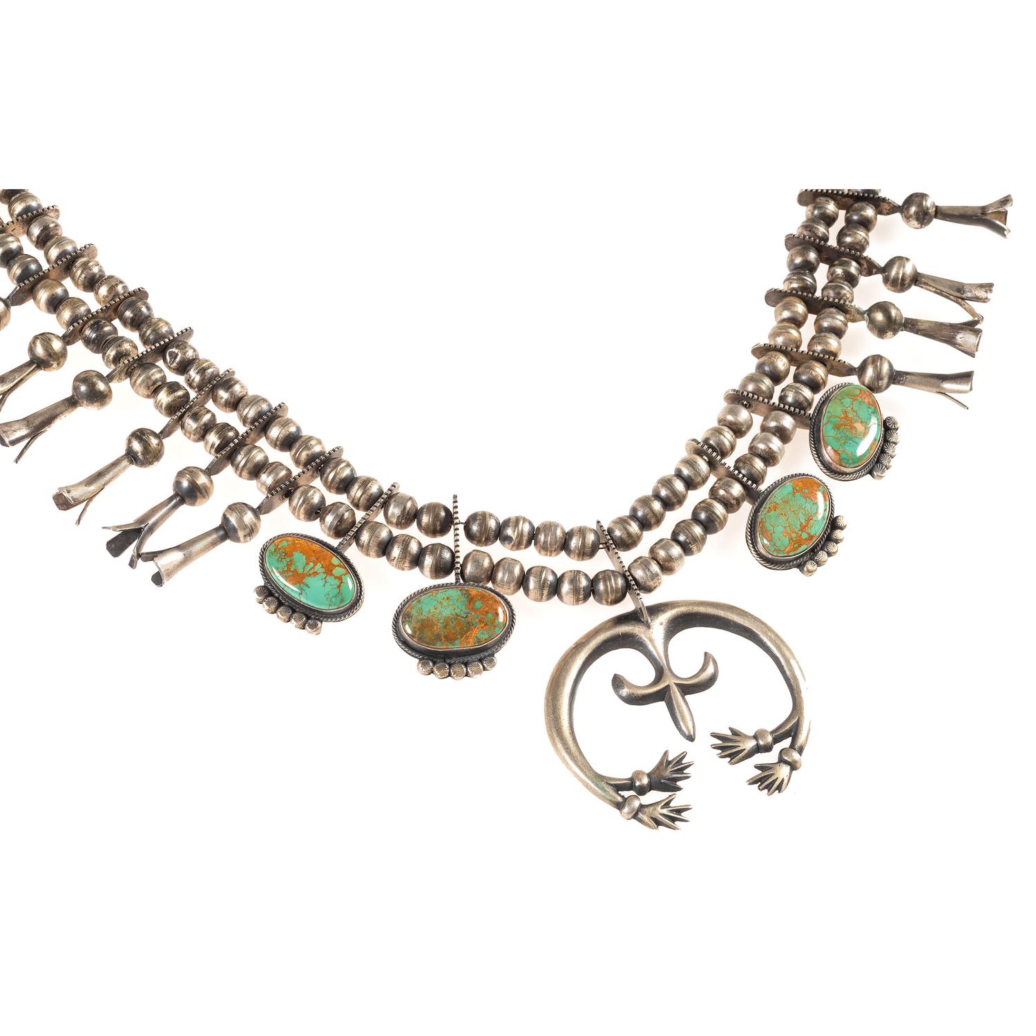 Navajo Silver and Turquoise Squash Blossom Necklace
