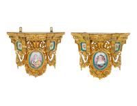 A Pair of Gilt Metal and Sèvres Style Porcelain Wall Brackets