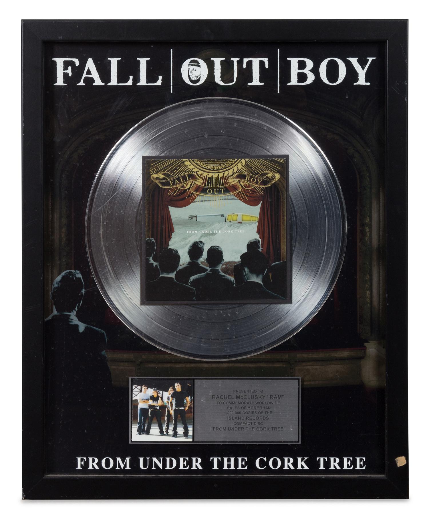A Fall Out Boy: From Under the Cork Tree RIAA Certified 2x Platinum Presentation Album 21 1/4 x 17 1/4 inches.