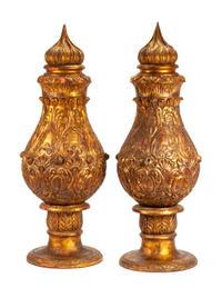A Pair of Large Gilt Decorated Carved Wood Urns Height 62 inches.