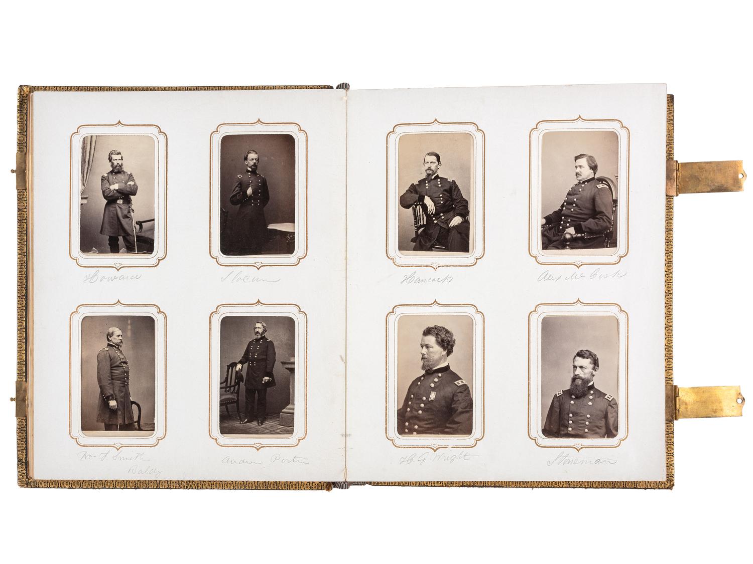[CIVIL WAR]. BRADY, Mathew, photographer. Exceptional album containing 120 CDVs of Union generals and officers, incl. Joshua Chamberlain and George A. Custer. New York, NY: E. & H.T. Anthony, 1860s.