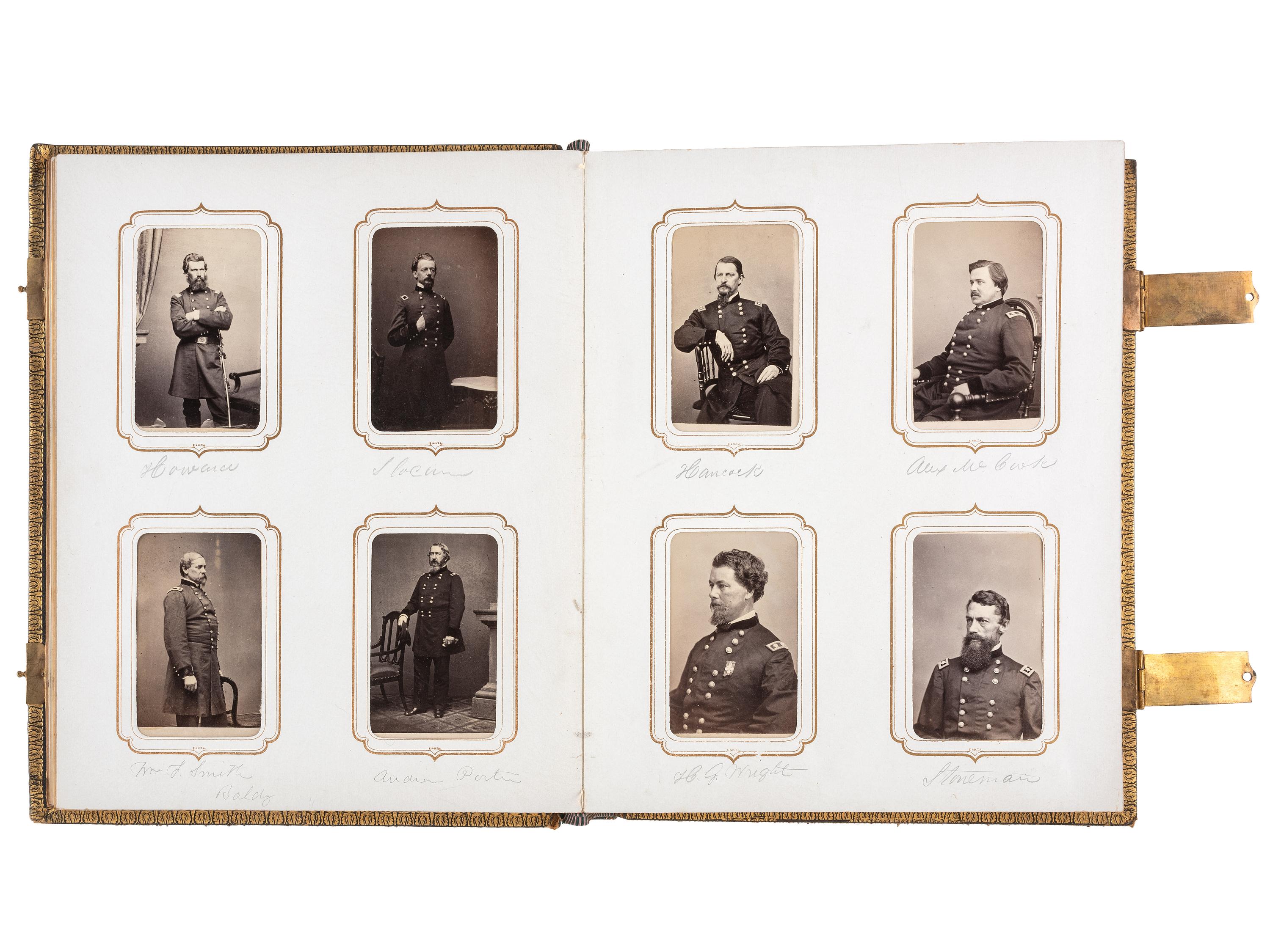 [CIVIL WAR]. BRADY, Mathew, photographer. Exceptional album containing 120 CDVs of Union generals and officers, incl. Joshua Chamberlain and George A. Custer. New York, NY: E. & H.T. Anthony, 1860s.