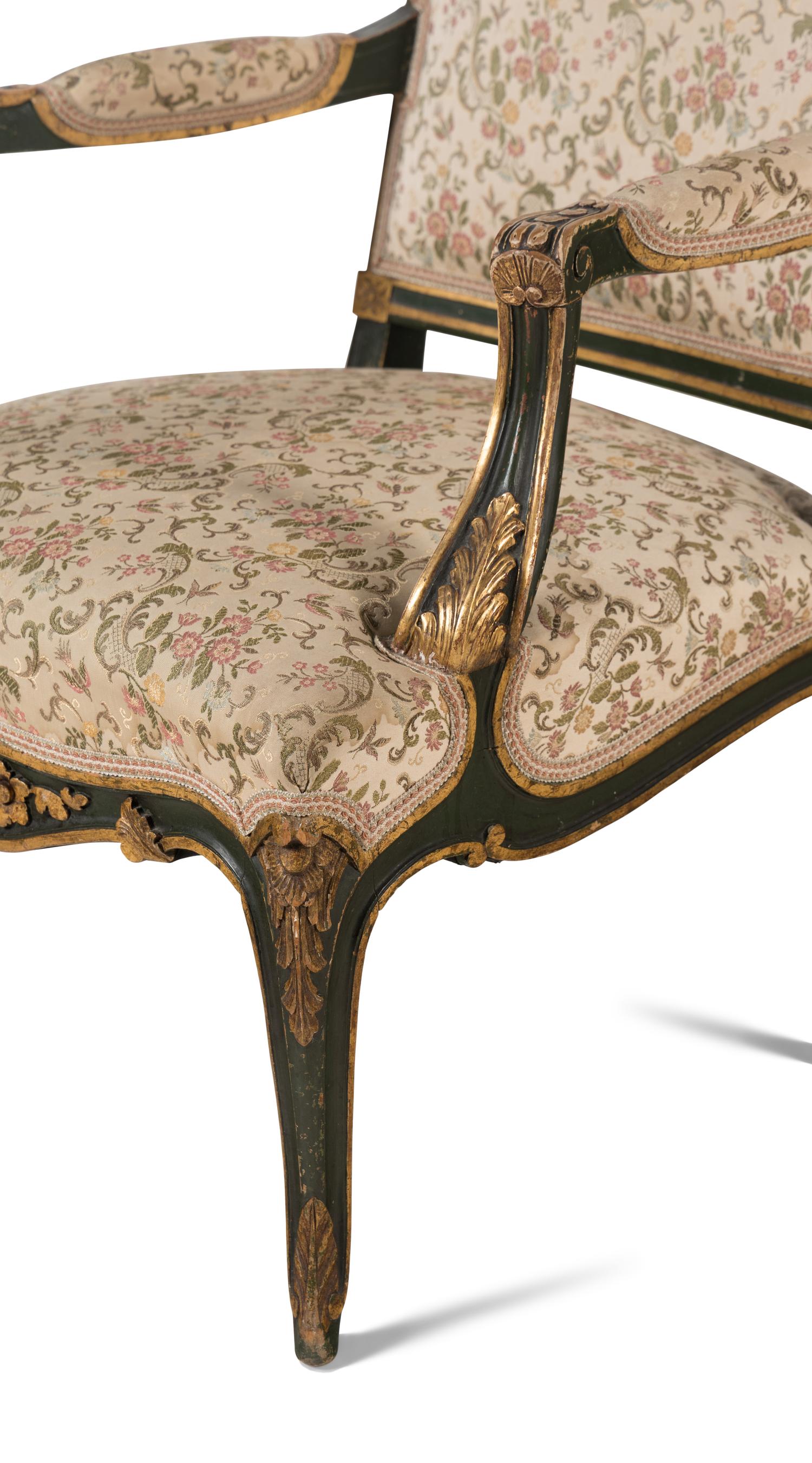 A Pair of Italian Rococo Style Painted and Parcel Gilt Fauteuils
