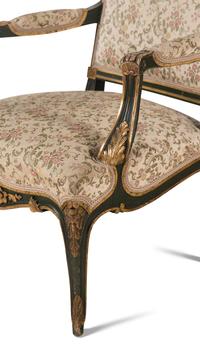 A Pair of Italian Rococo Style Painted and Parcel Gilt Fauteuils