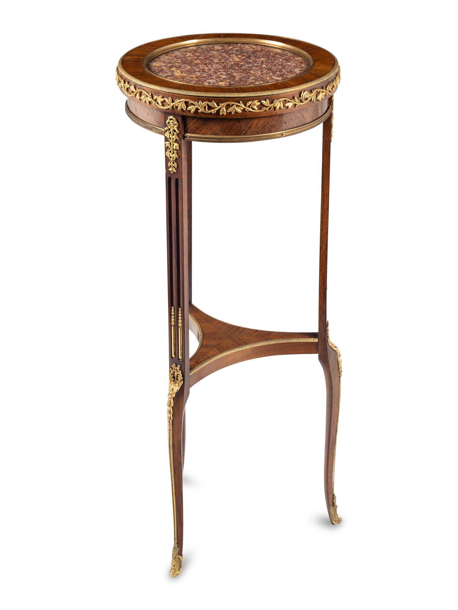 A Louis XVI Style Gilt Bronze Mounted Mahogany Marble-Top Side Table