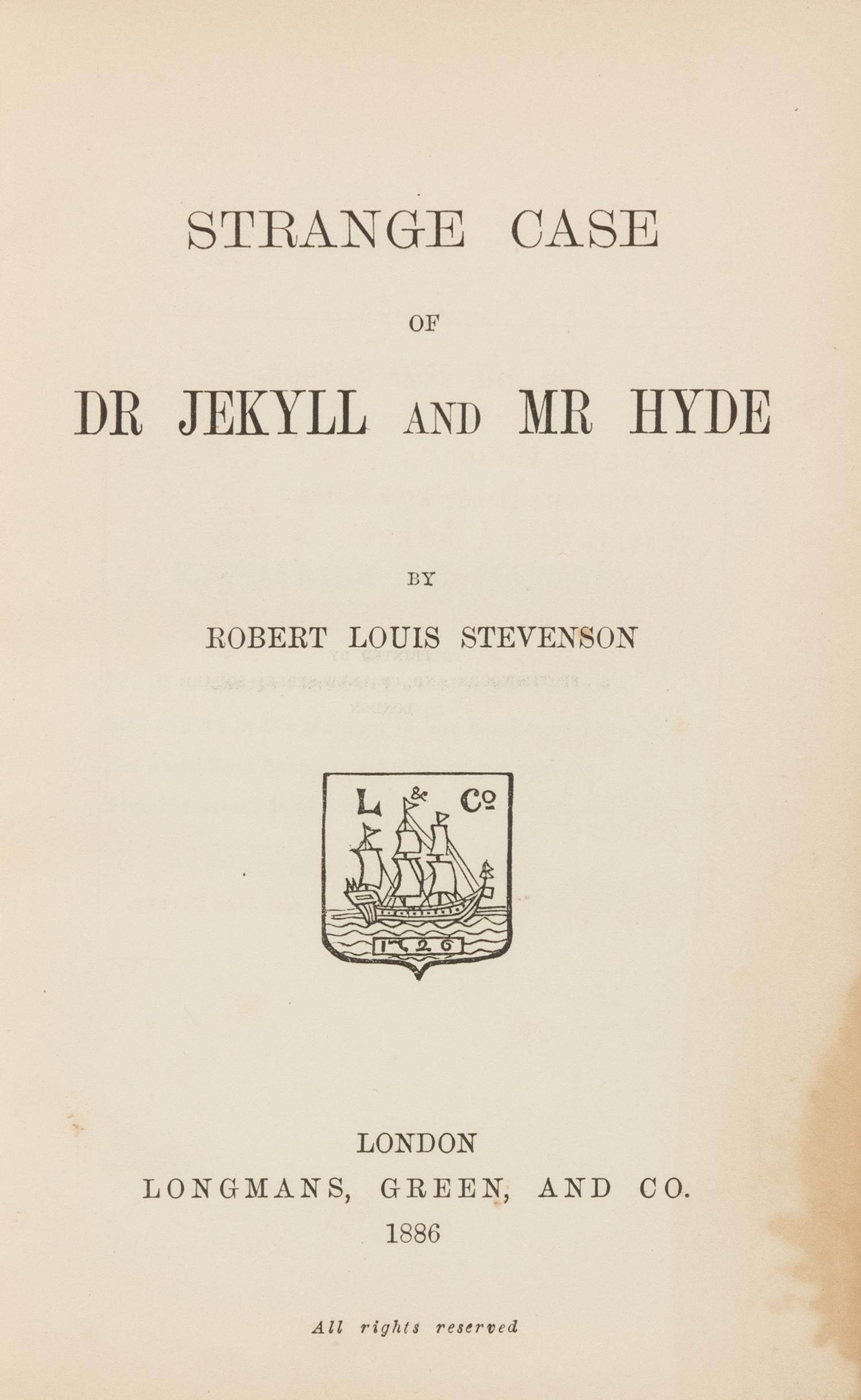 STEVENSON, Robert Louis. Strange Case of Dr. Jekyll and Mr. Hyde. London: Longmans, Green, and Co., 1886. FIRST ENGLISH EDITION.