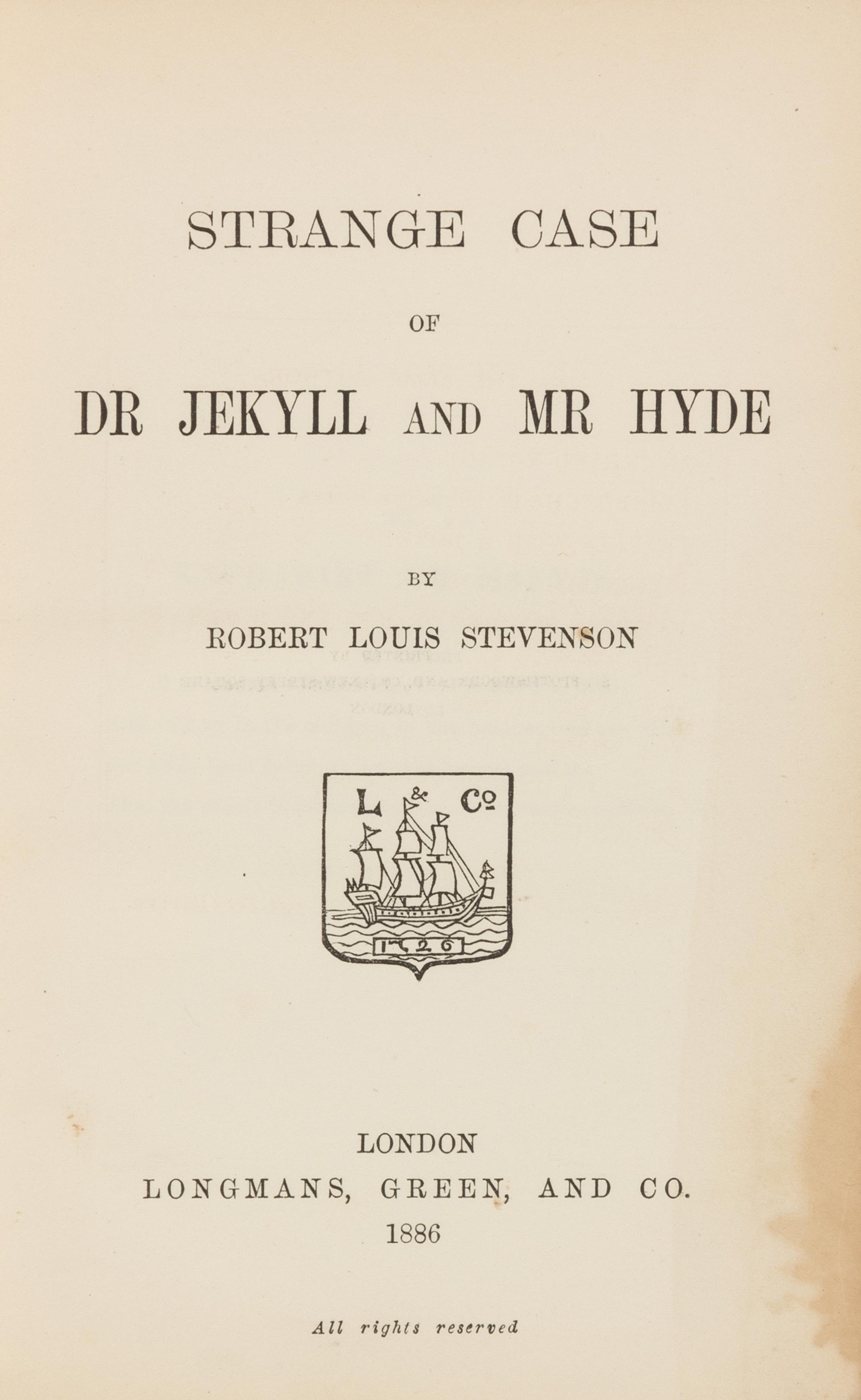 STEVENSON, Robert Louis. Strange Case of Dr. Jekyll and Mr. Hyde. London: Longmans, Green, and Co., 1886. FIRST ENGLISH EDITION.