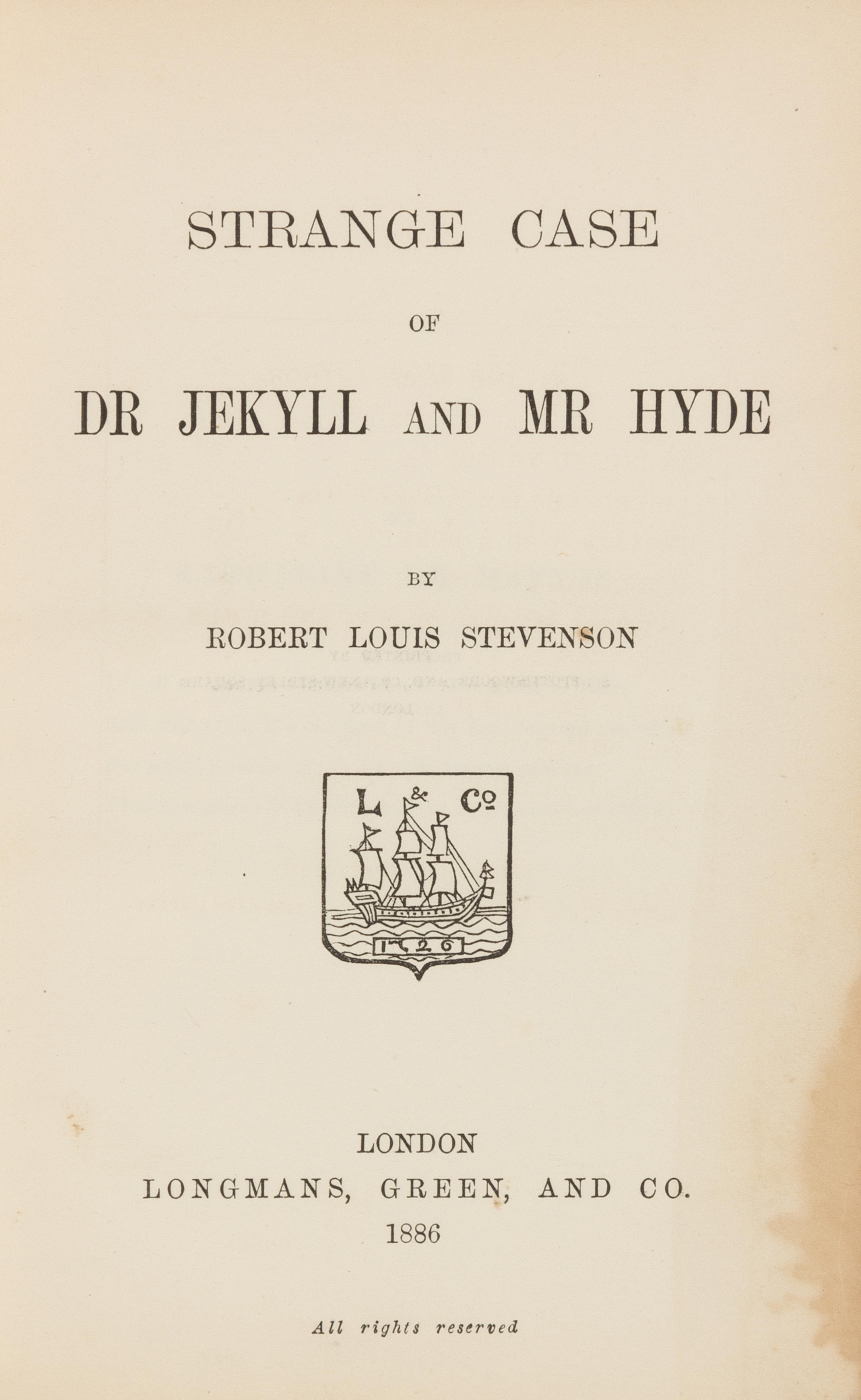 STEVENSON, Robert Louis. Strange Case of Dr. Jekyll and Mr. Hyde. London: Longmans, Green, and Co., 1886. FIRST ENGLISH EDITION.