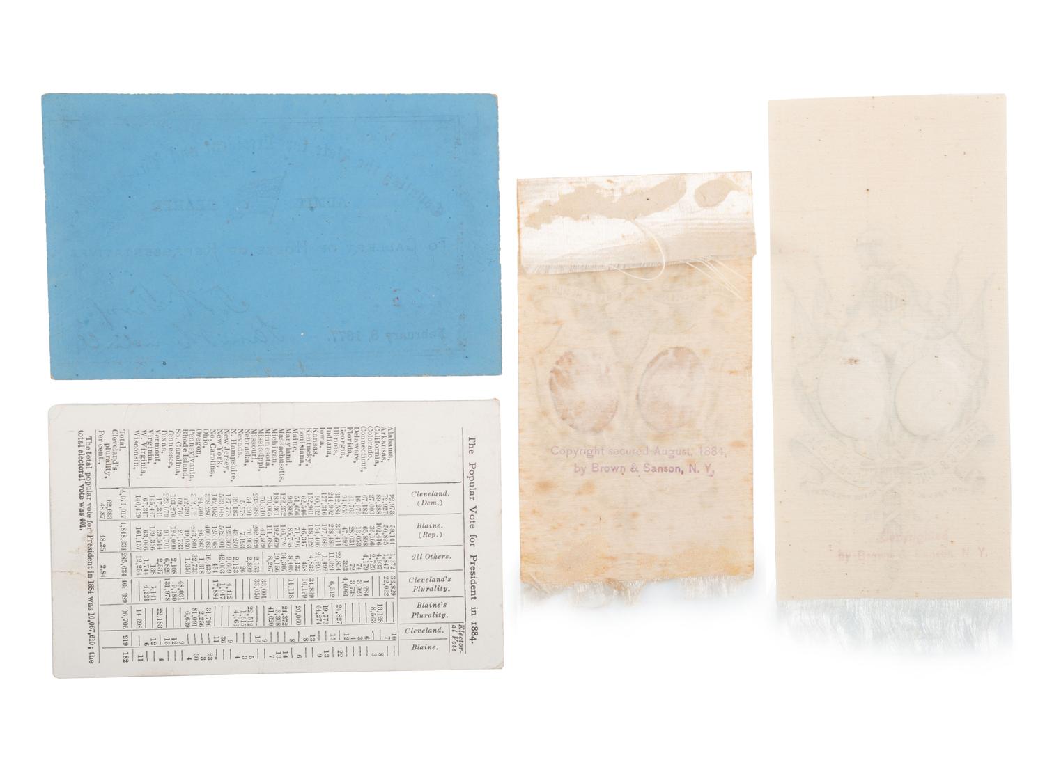 [POLITICS]. A group of 4 political items related to the 1876 and 1884 presidential elections, highlighted by ticket counting the vote for the contested Hayes-Tilden election in 1876.