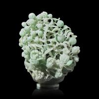 A Chinese Reticulated Jadeite "Sanduo" in Basket Group, 20th Century 近代 翡翠鏤雕三多擺件