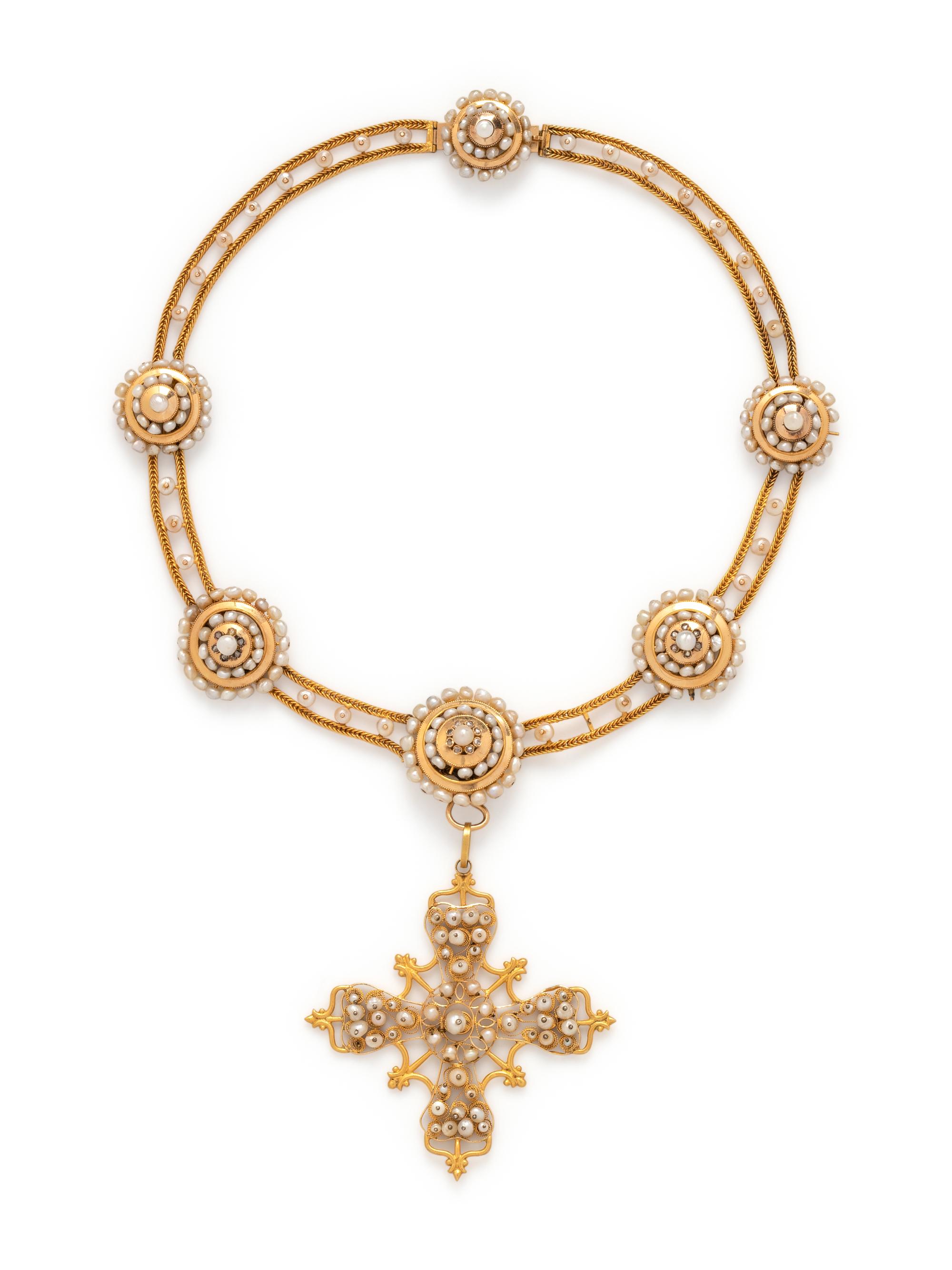 ANTIQUE, CONVERTIBLE YELLOW GOLD AND PEARL CROSS NECKLACE