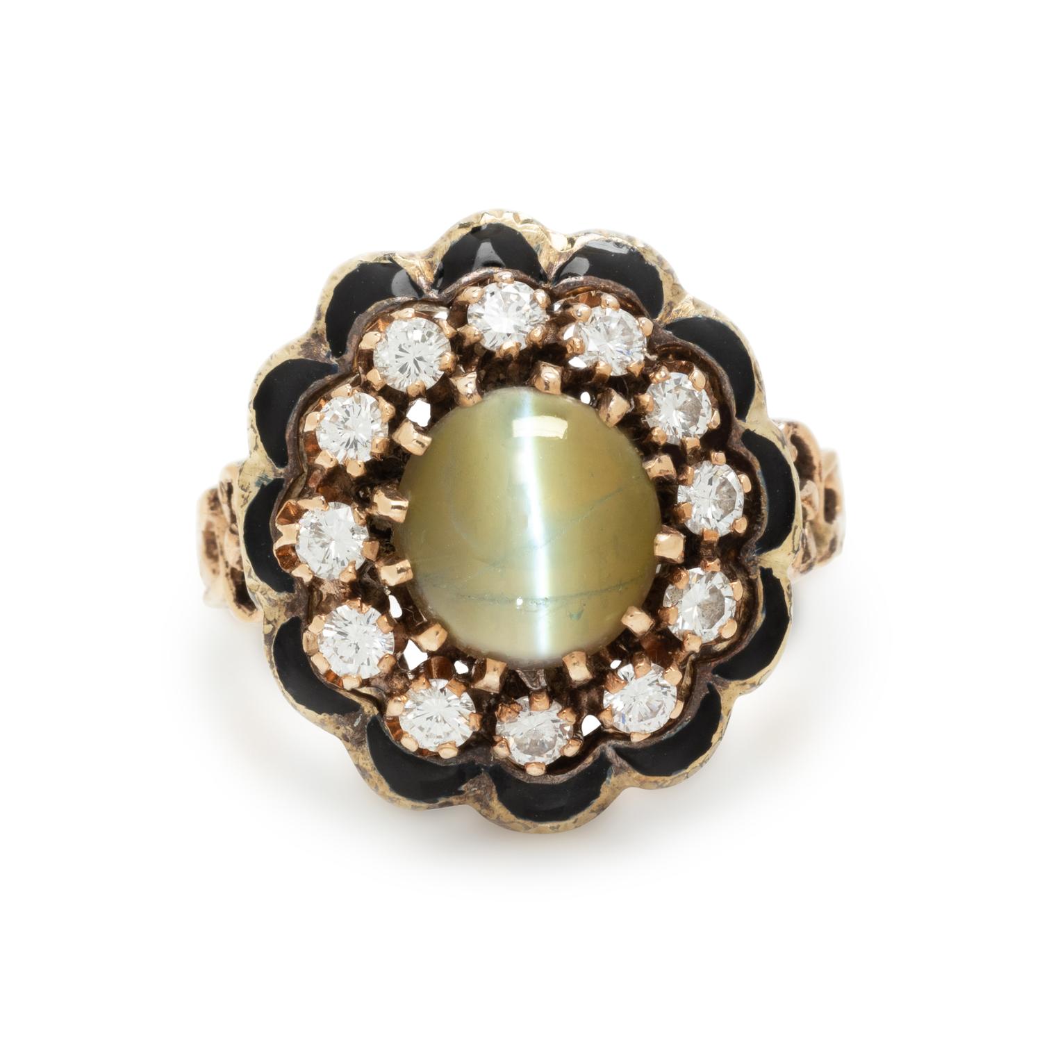 CAT'S EYE CHRYSOBERYL, DIAMOND AND ENAMEL RING