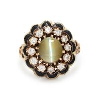 CAT'S EYE CHRYSOBERYL, DIAMOND AND ENAMEL RING