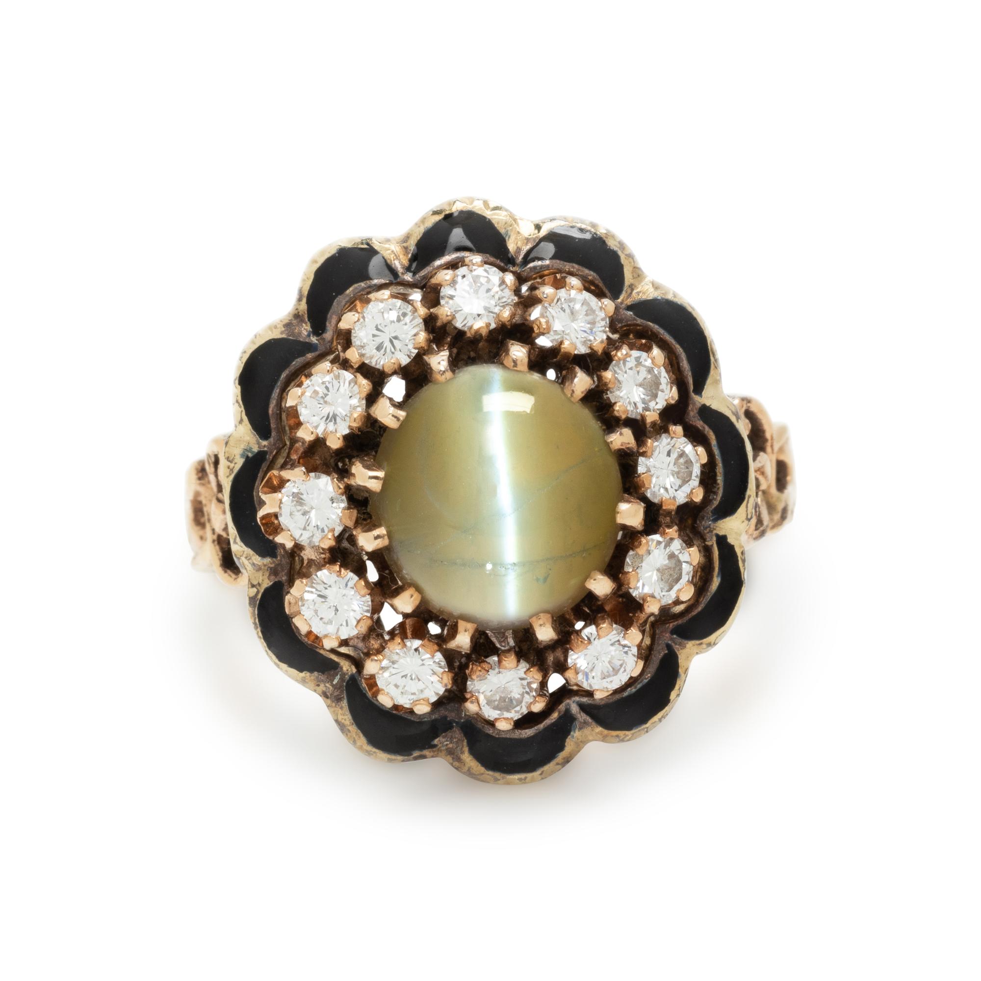 CAT'S EYE CHRYSOBERYL, DIAMOND AND ENAMEL RING