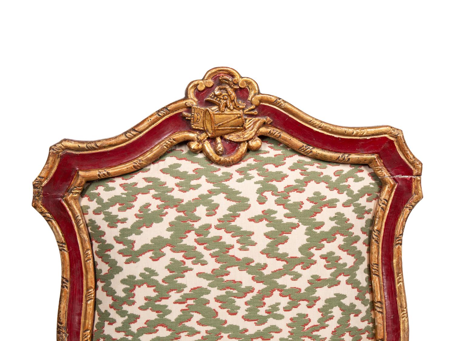 A Set of Six Italian Rococo Red-Painted and Parcel Gilt Dining Chairs