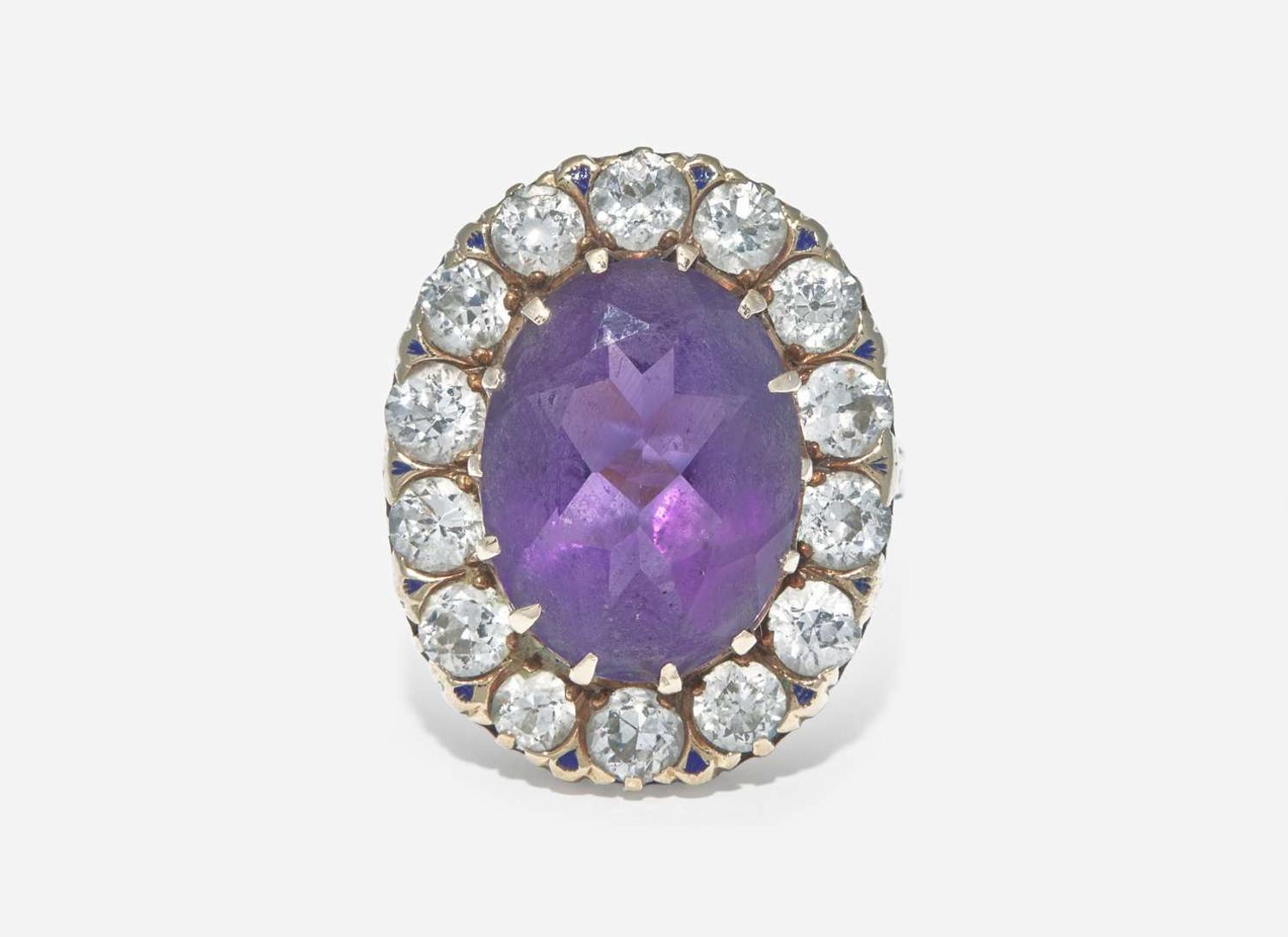 A 10K Yellow Gold, Amethyst, and Diamond Ring