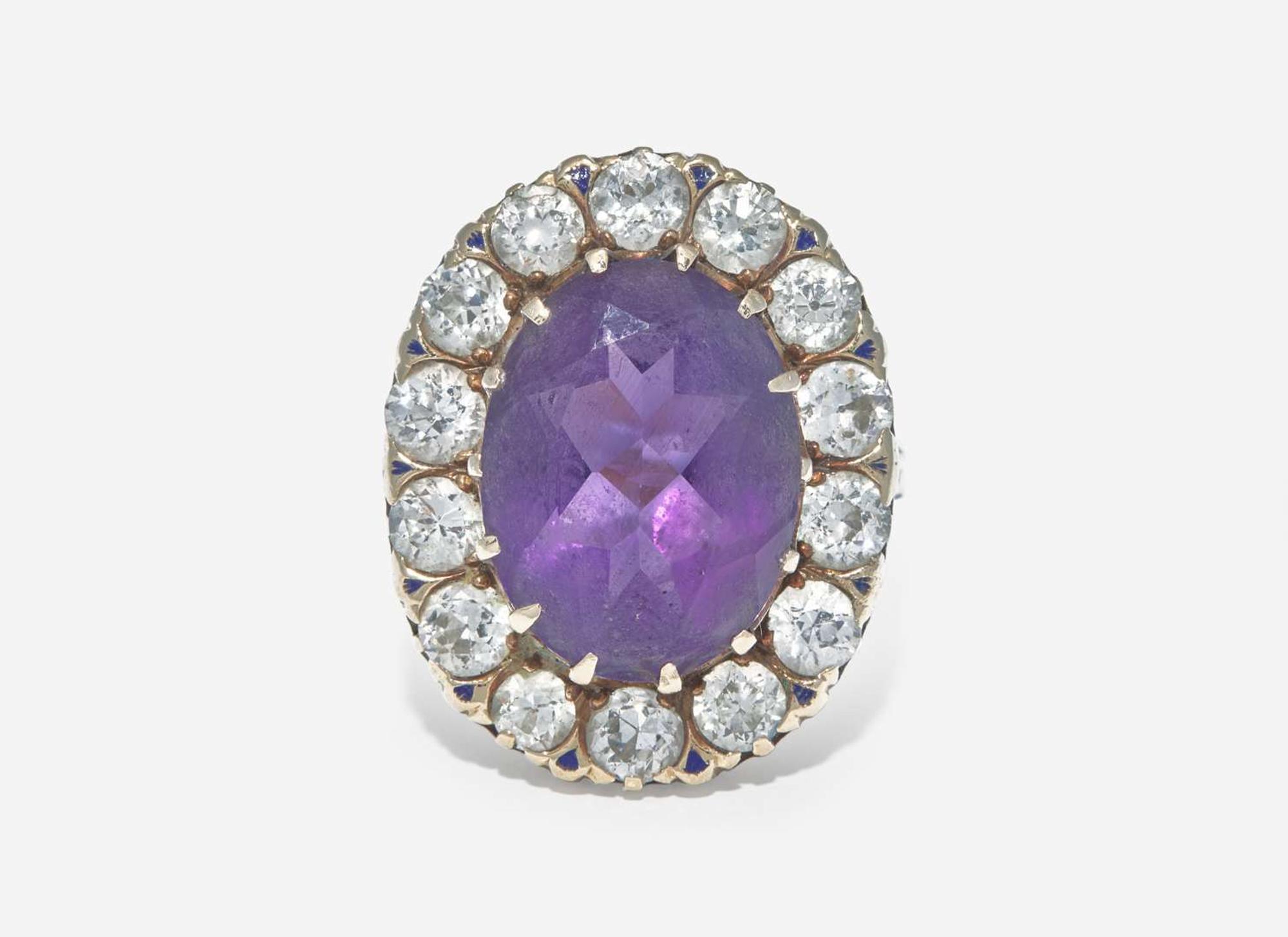 A 10K Yellow Gold, Amethyst, and Diamond Ring