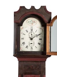 A Federal Red and Grain Painted Pine Wooden Works Tall Case Clock