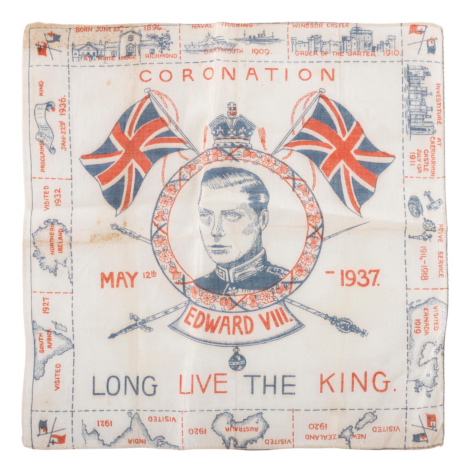 [ROYALTY]. A group of handkerchiefs, ceramics, and other ephemera from Queen VICTORIA, King GEORGE V, and King EDWARD VIII comprising: