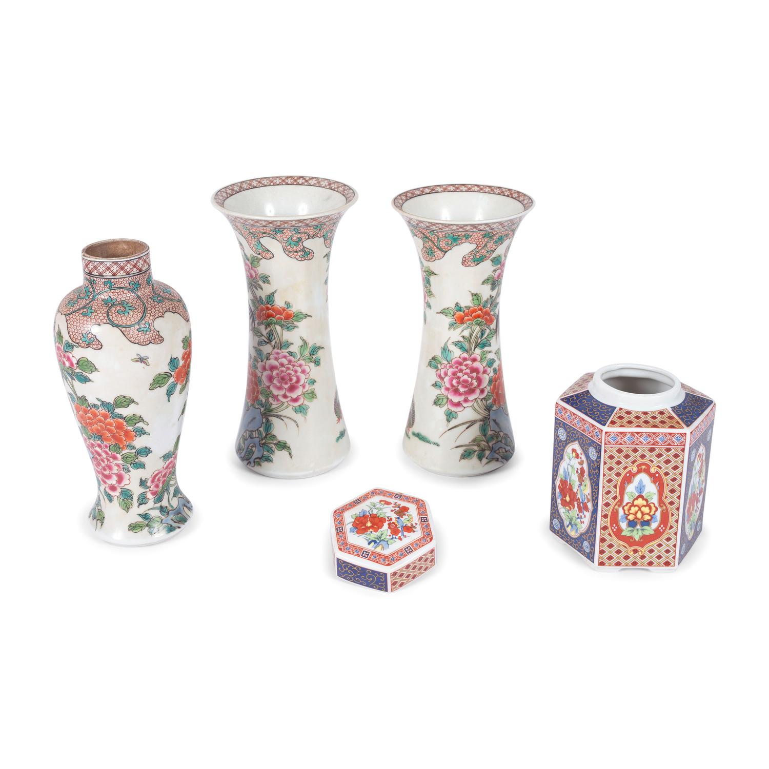Three Chinese Porcelain Famille Rose Vases and a Tea Caddy