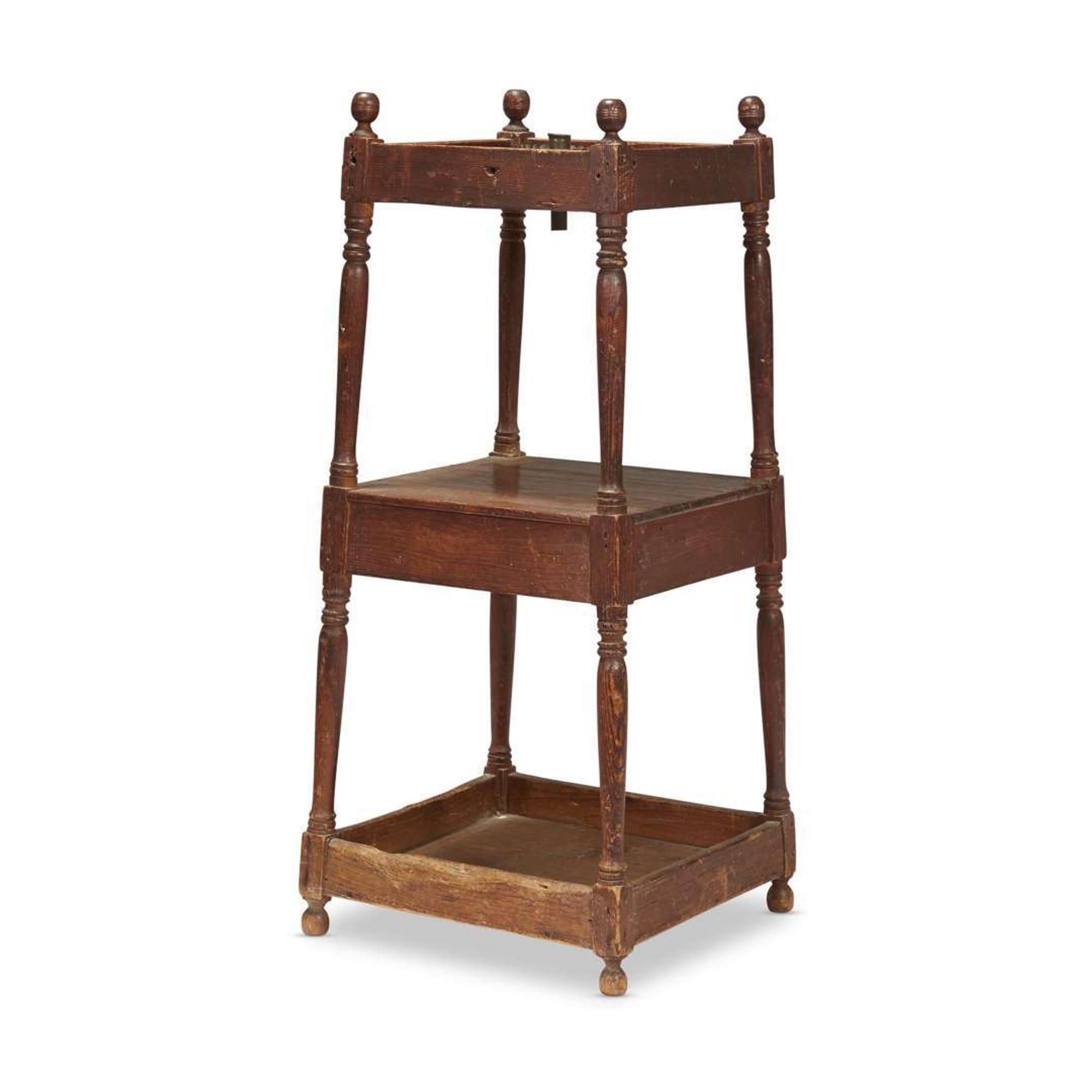 Red painted and turned three-tier pine stand late 18th century