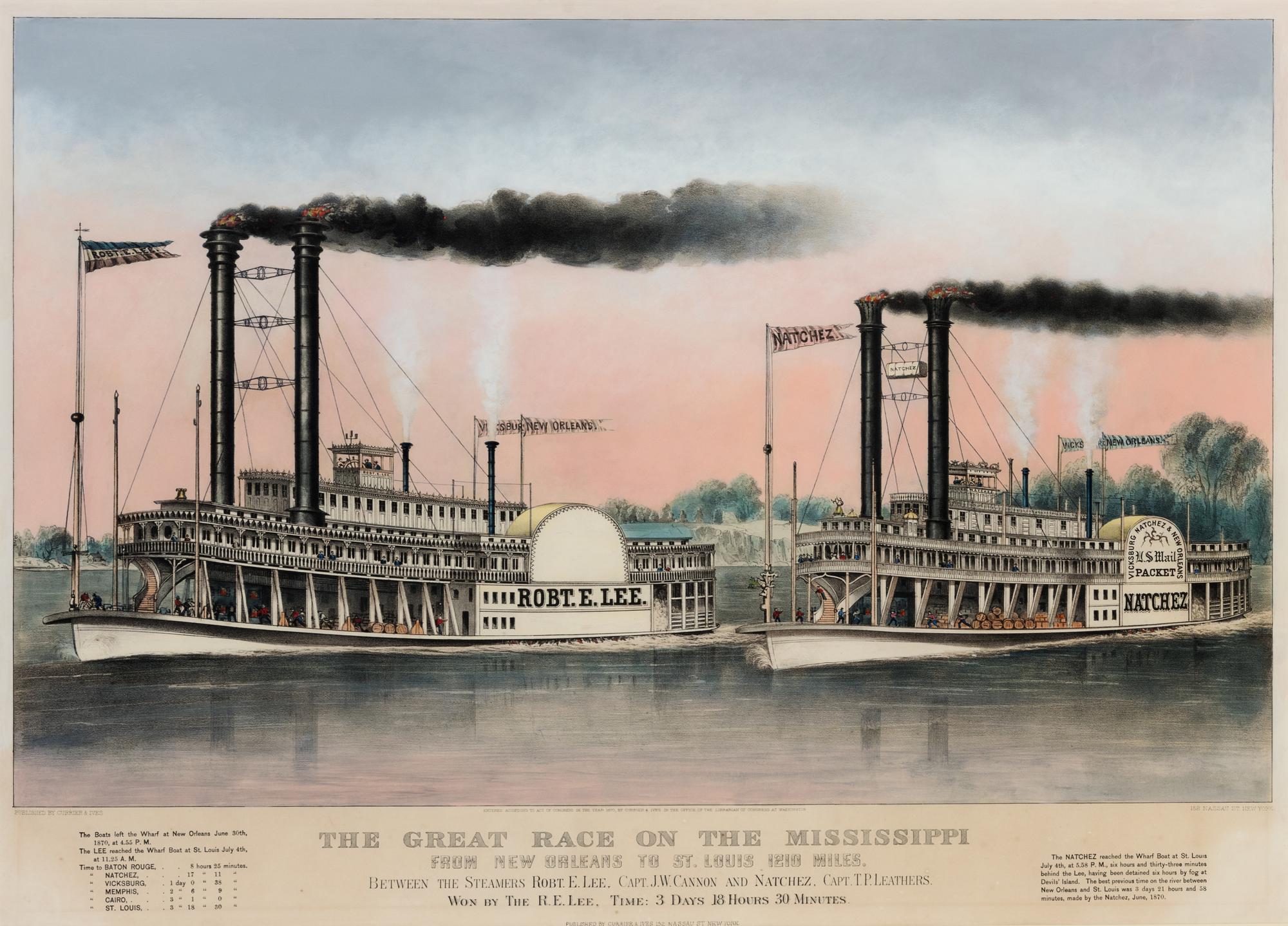 CURRIER and IVES, publishers. The Great Race on the Mississippi from New Orleans to St. Louis, 1210 Miles. New York, 1870.