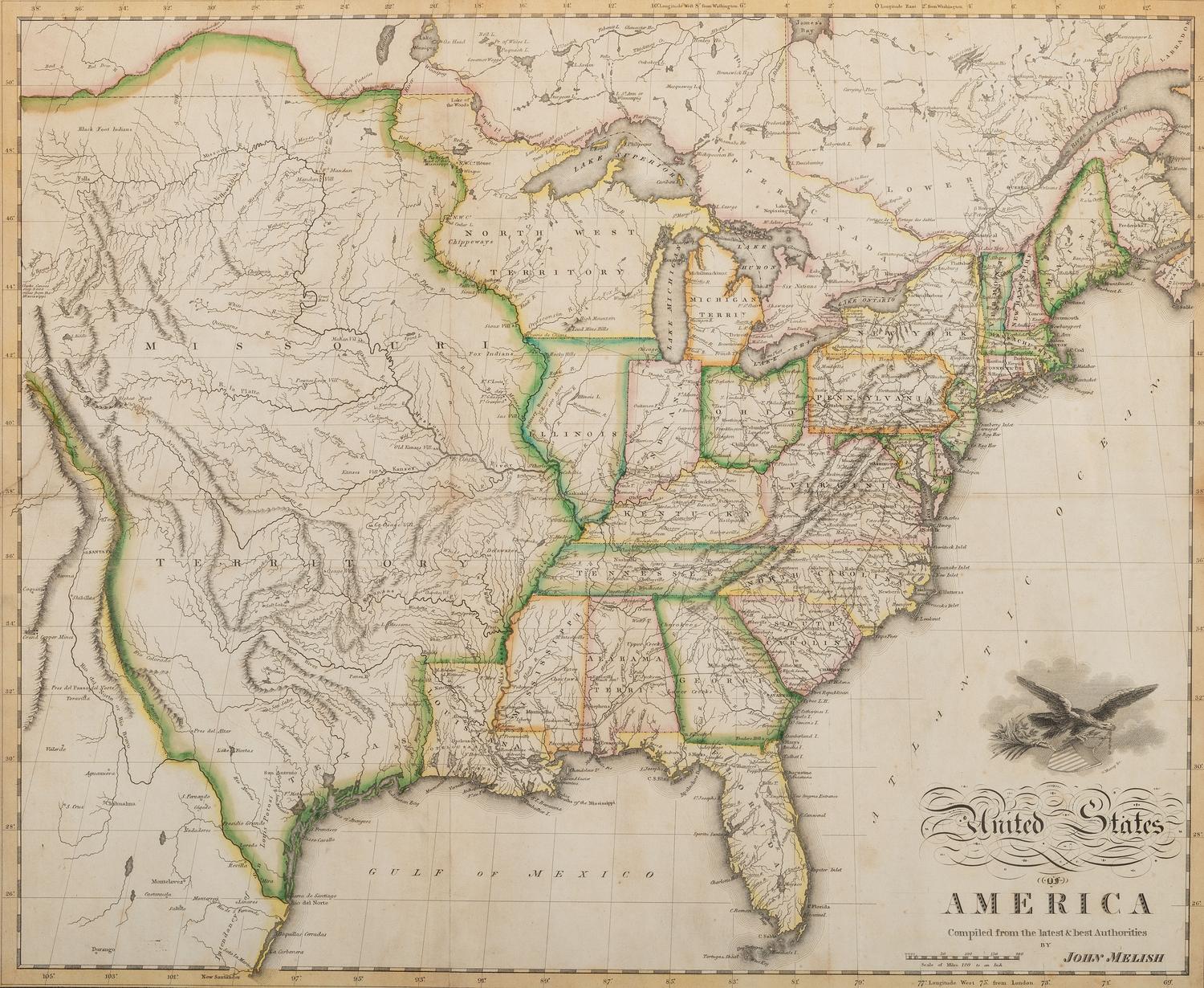 [MAPS]. MELISH, John (1771-1821). United States of America Compiled form the latest & bet Authorities . Philadelphia: Murray Draper Fairman & Co., 1818.