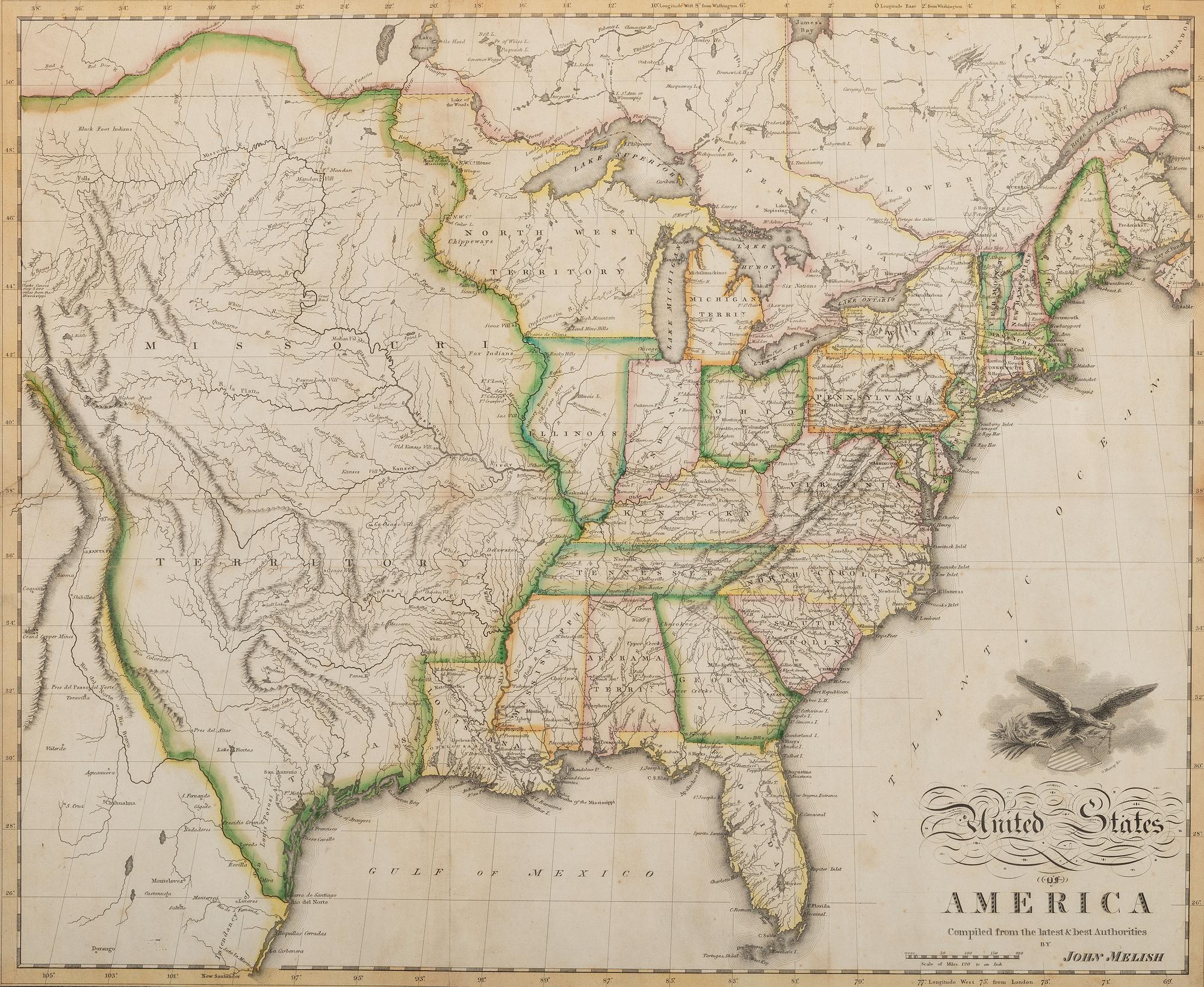 [MAPS]. MELISH, John (1771-1821). United States of America Compiled form the latest & bet Authorities . Philadelphia: Murray Draper Fairman & Co., 1818.