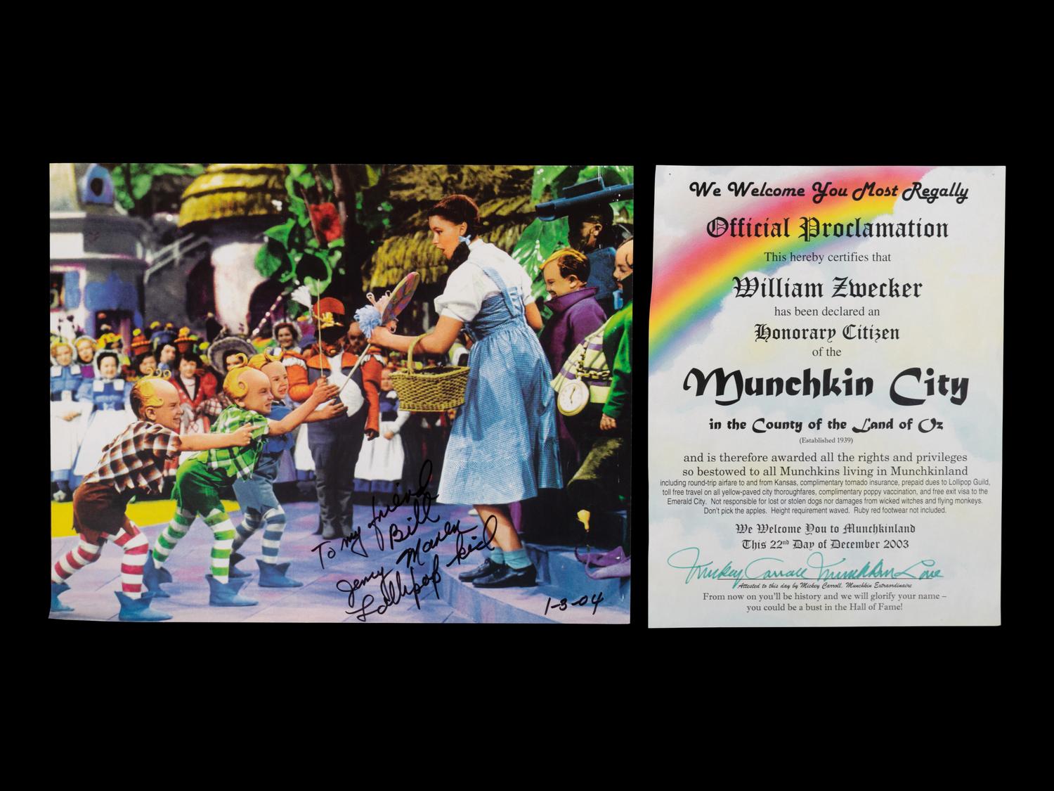 (Film Memorabilia) A group of 2 pieces of memorabilia "Wizard of Oz", Metro-Goldwyn-Mayer, 1939; comprising: