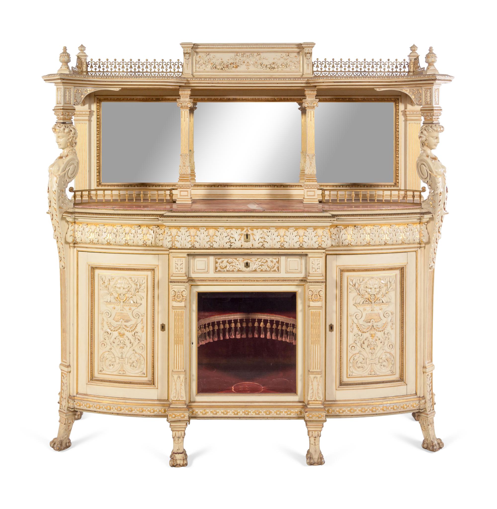 A Fine Renaissance Revival Parcel Gilt and Ivory-Painted Cabinet