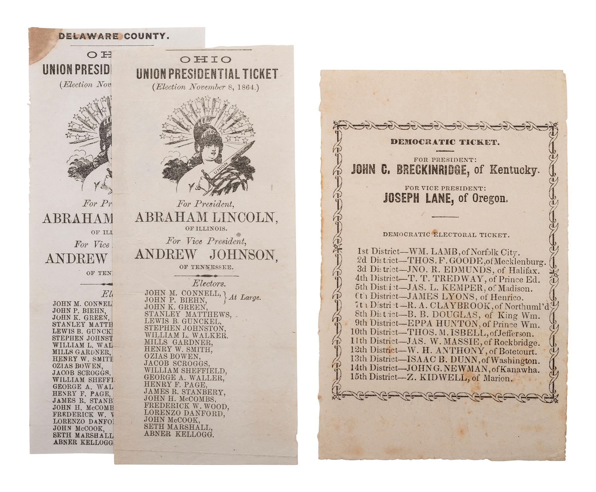 [POLITICS] -- [CIVIL WAR]. Ohio ballots from the 1864 election, including Lincoln and Johnson.
