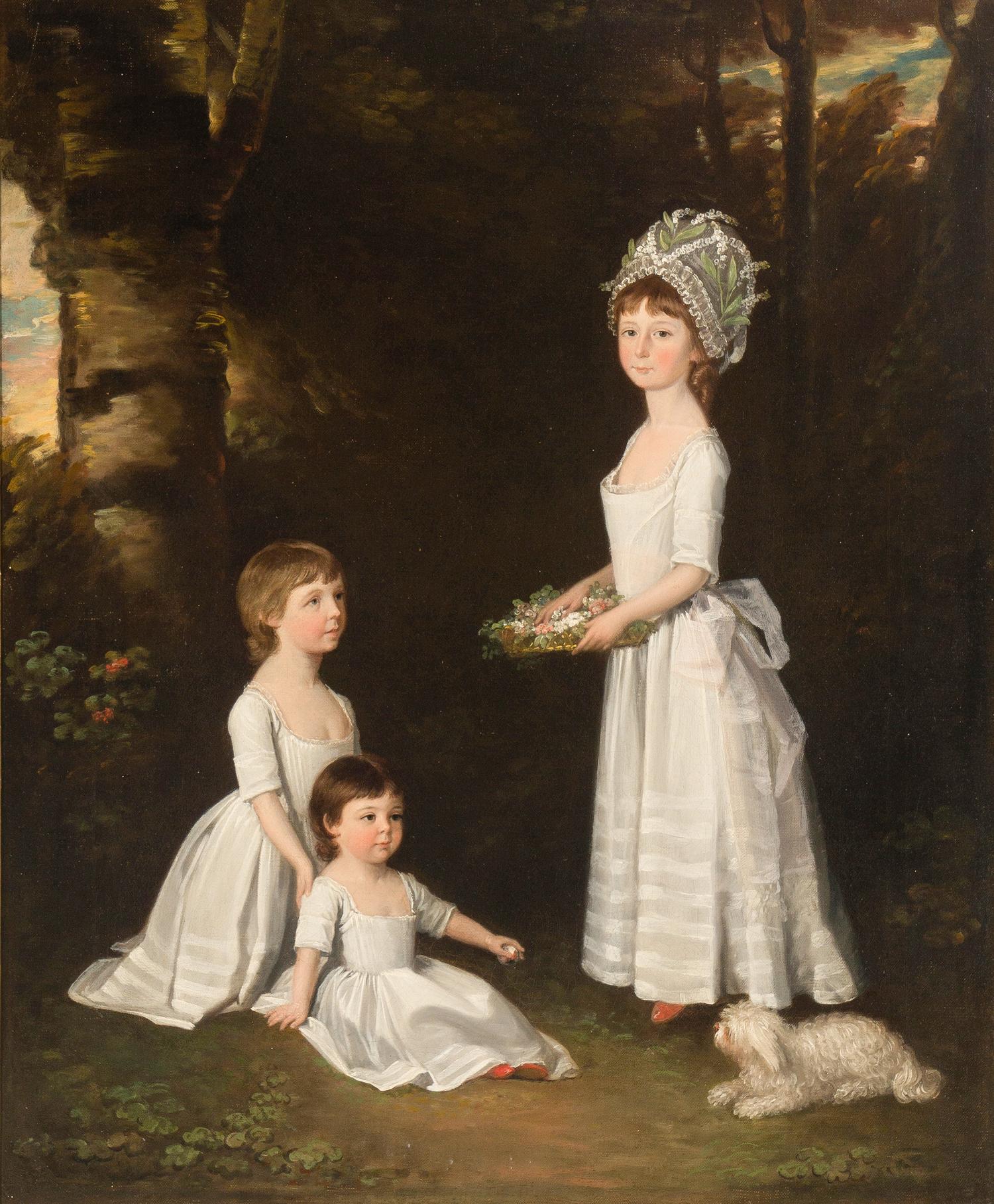 Group Portrait of Catherine, Charlotte, and Susan Mordaunt, daughters of Sir John Mordaunt, 7th Bt., small full-length, in white dresses, with a dog in a wood