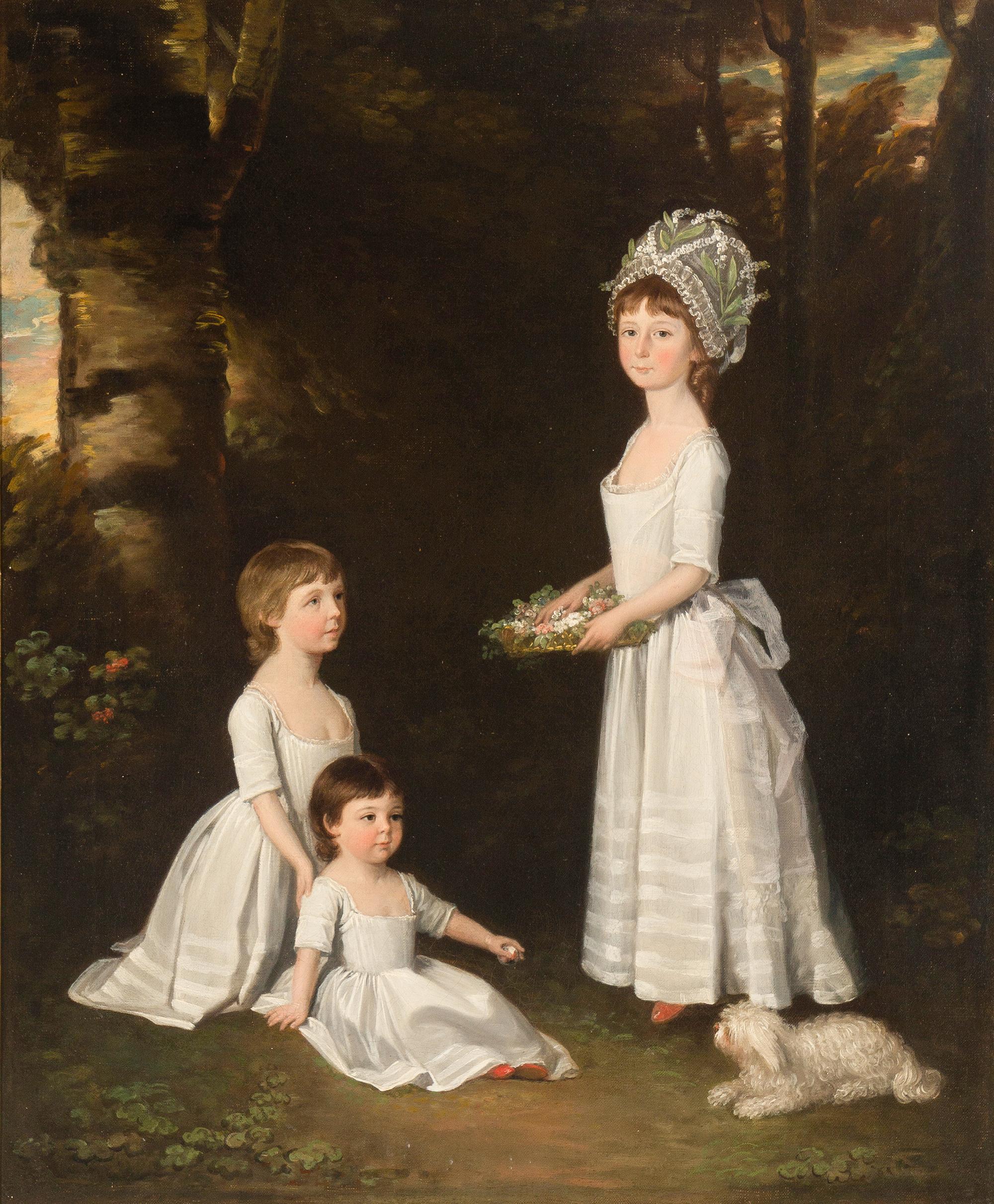 Group Portrait of Catherine, Charlotte, and Susan Mordaunt, daughters of Sir John Mordaunt, 7th Bt., small full-length, in white dresses, with a dog in a wood