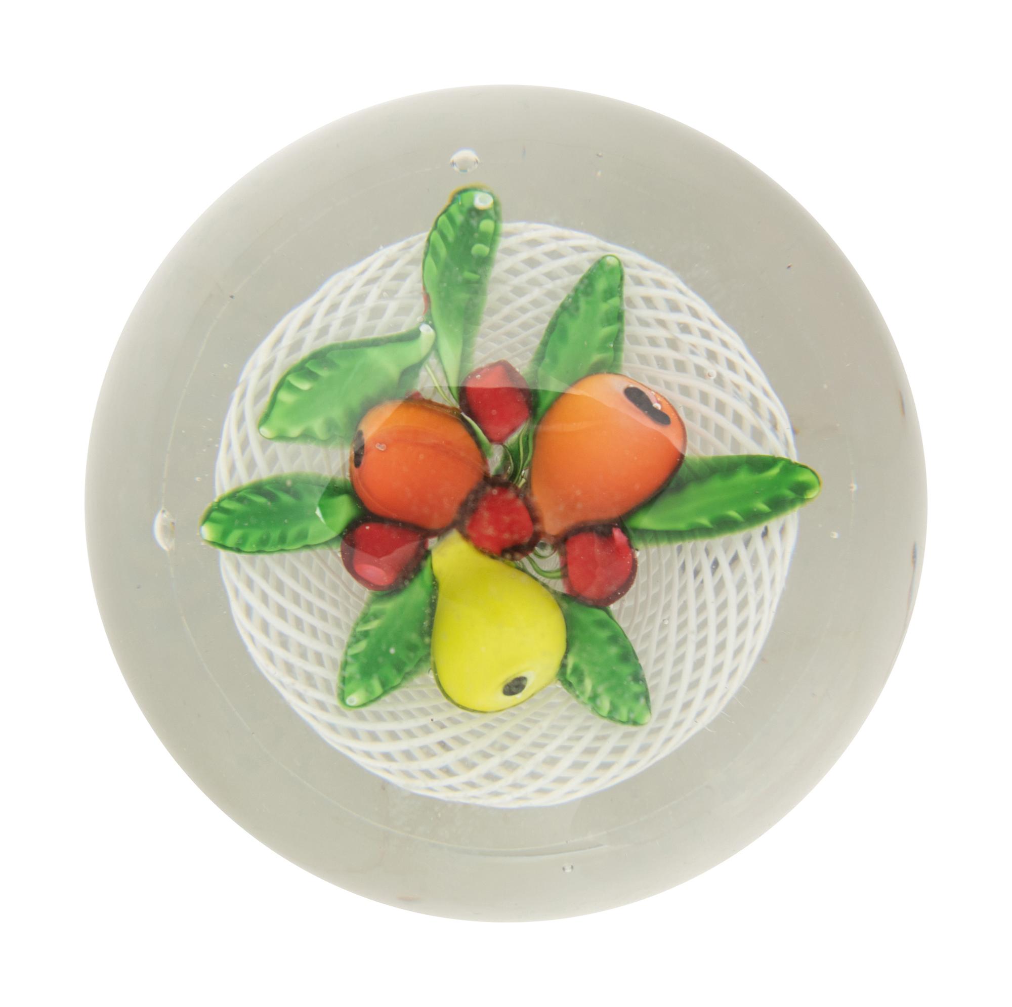 A Saint Louis Fruit Over Latticino Basket Glass Paperweight