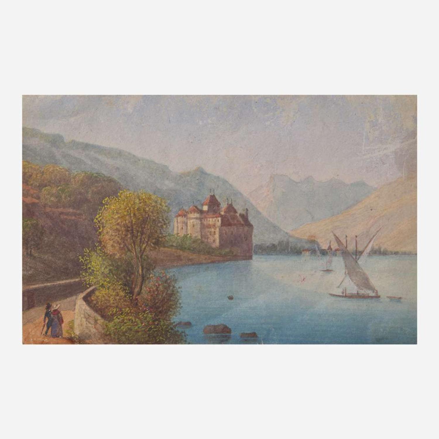 Attributed to Mary Jane Peale (1827-1902) and other Two Works: Miniature View of Chilton Castle, Lake Geneva and Small Landscape with Figures