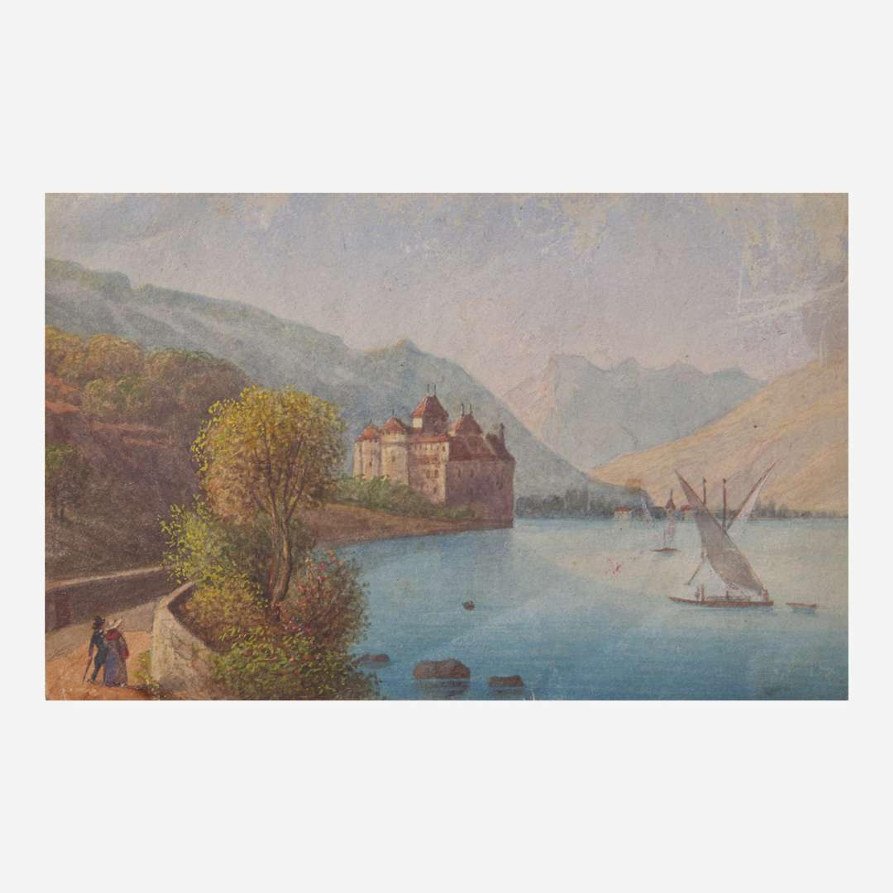 Attributed to Mary Jane Peale (1827-1902) and other Two Works: Miniature View of Chilton Castle, Lake Geneva and Small Landscape with Figures