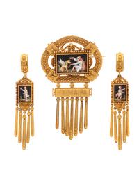 FRENCH, ARCHAEOLOGICAL REVIVAL, YELLOW GOLD AND PORTRAIT MINIATURE SET