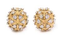 A Pair of 18 Karat Bicolor Gold and Diamond Domed Earclips, Tiffany & Co., 23.45 dwts.