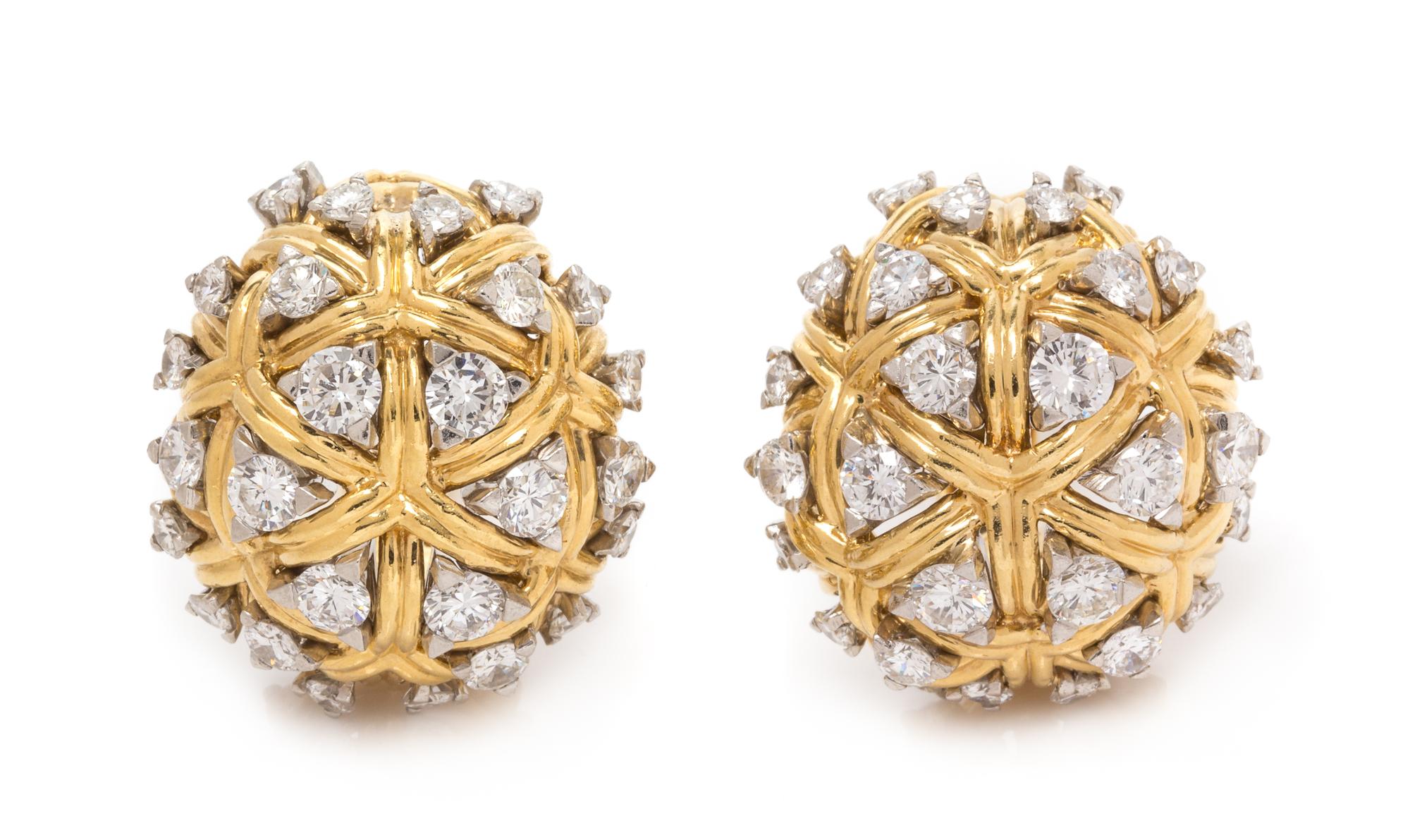 A Pair of 18 Karat Bicolor Gold and Diamond Domed Earclips, Tiffany & Co., 23.45 dwts.