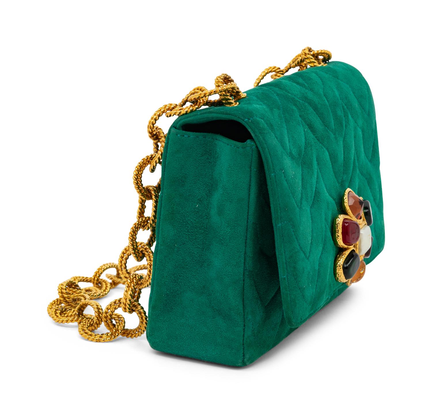 CHANEL, GREEN SUEDE GRIPOIX FLAP BAG