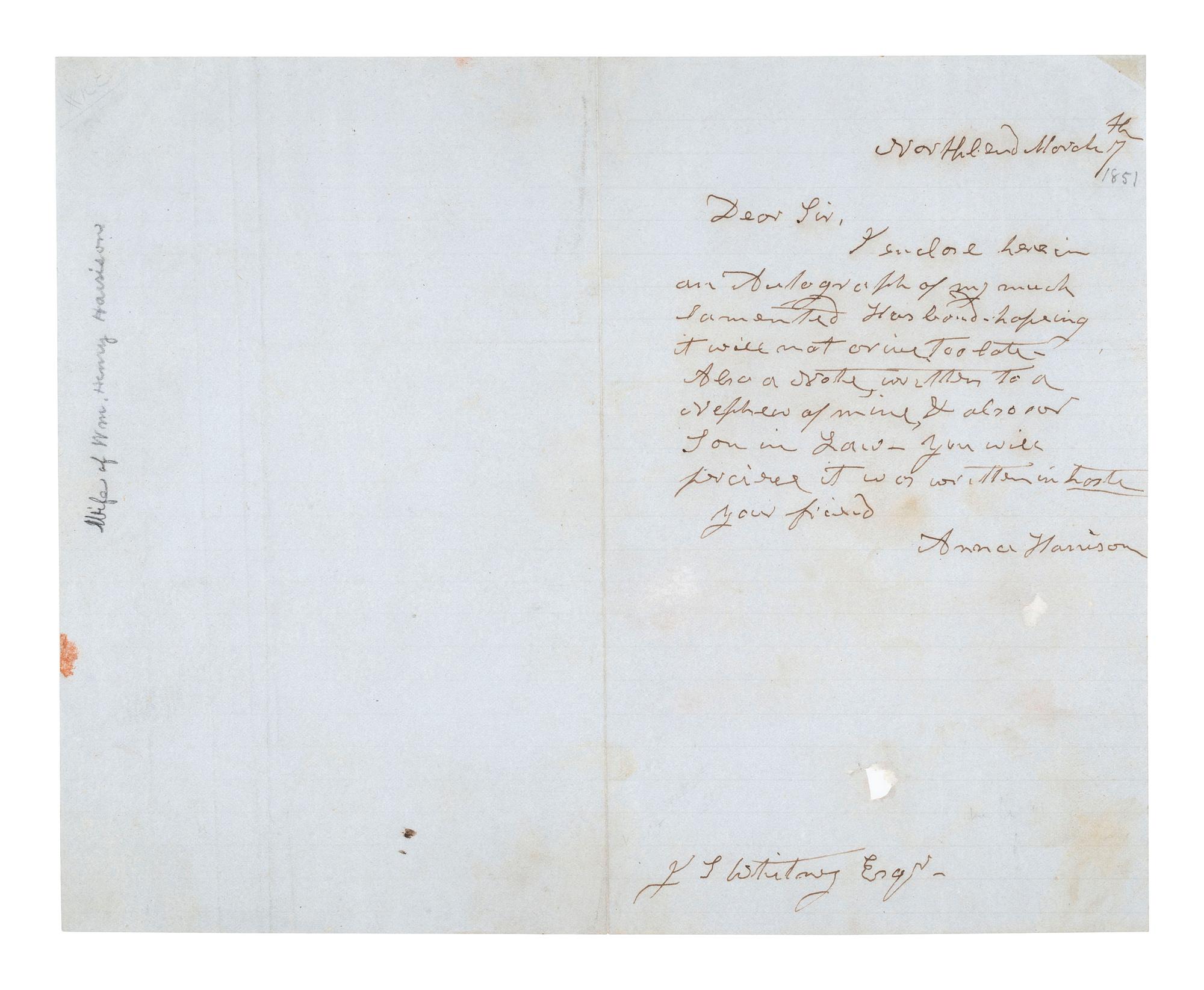 HARRISON, Anna (1775-1864). Autograph letter signed ("Anna Harrison"), to J.L. Whitney. Northbend [Ohio], 7 March [1851?].