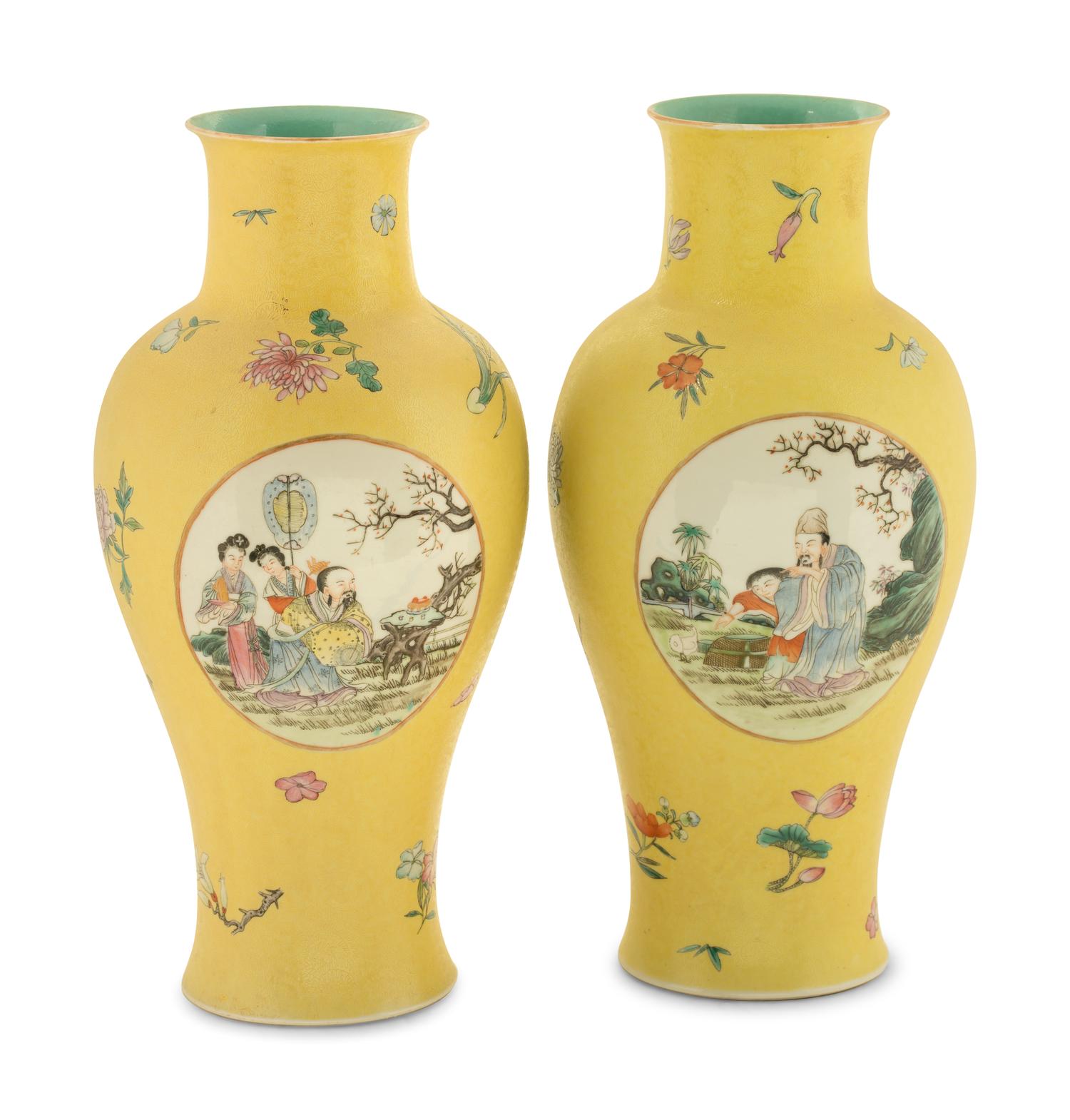 A Pair of Chinese Yellow-Ground Porcelain Baluster Vases